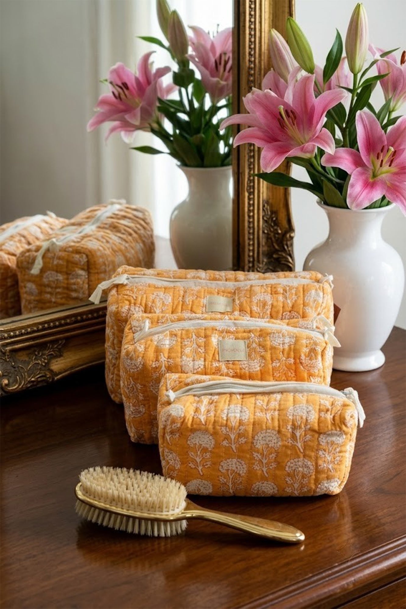 Peach Flora Pouch Set of 3