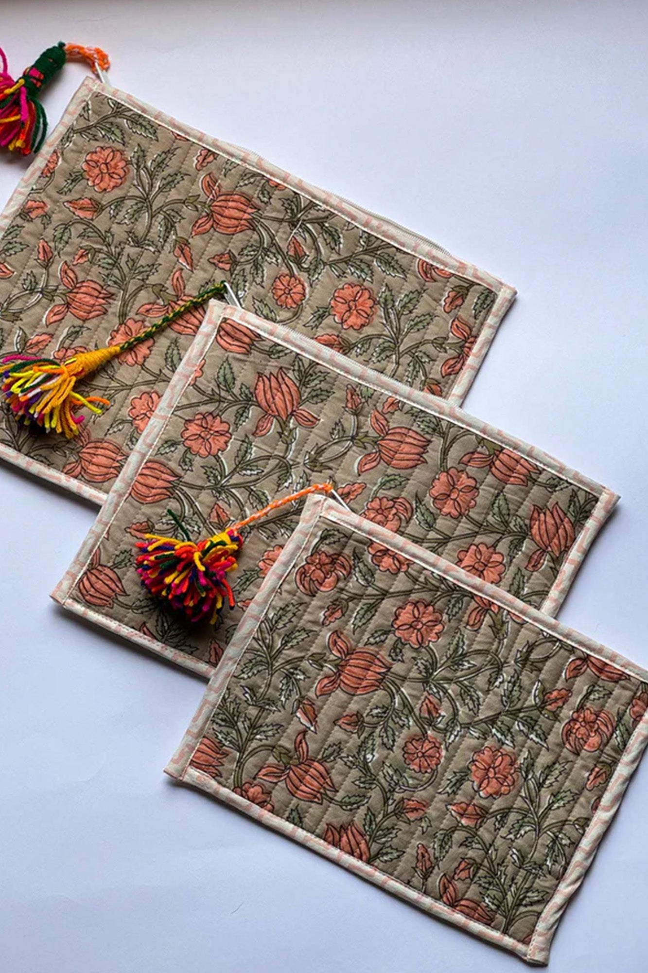 Peach Vine Pouch Set of 3 - Flat Quilted