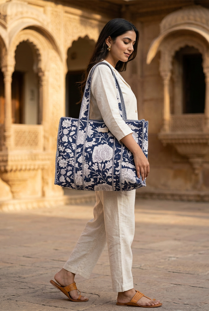 Blue Lotus Quilted Tote Bag