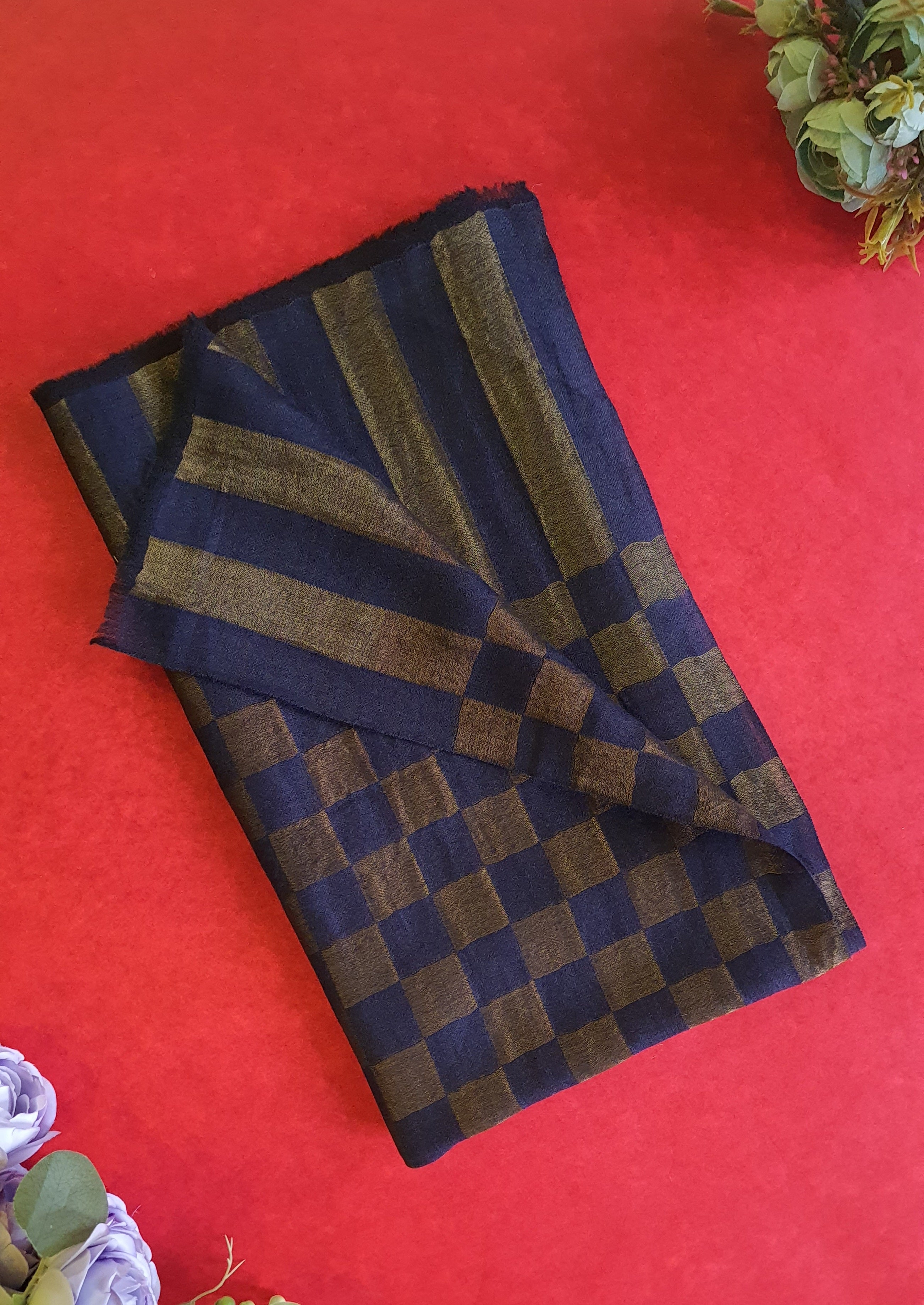 Women Pashmina Stole Checkered Navy Blue