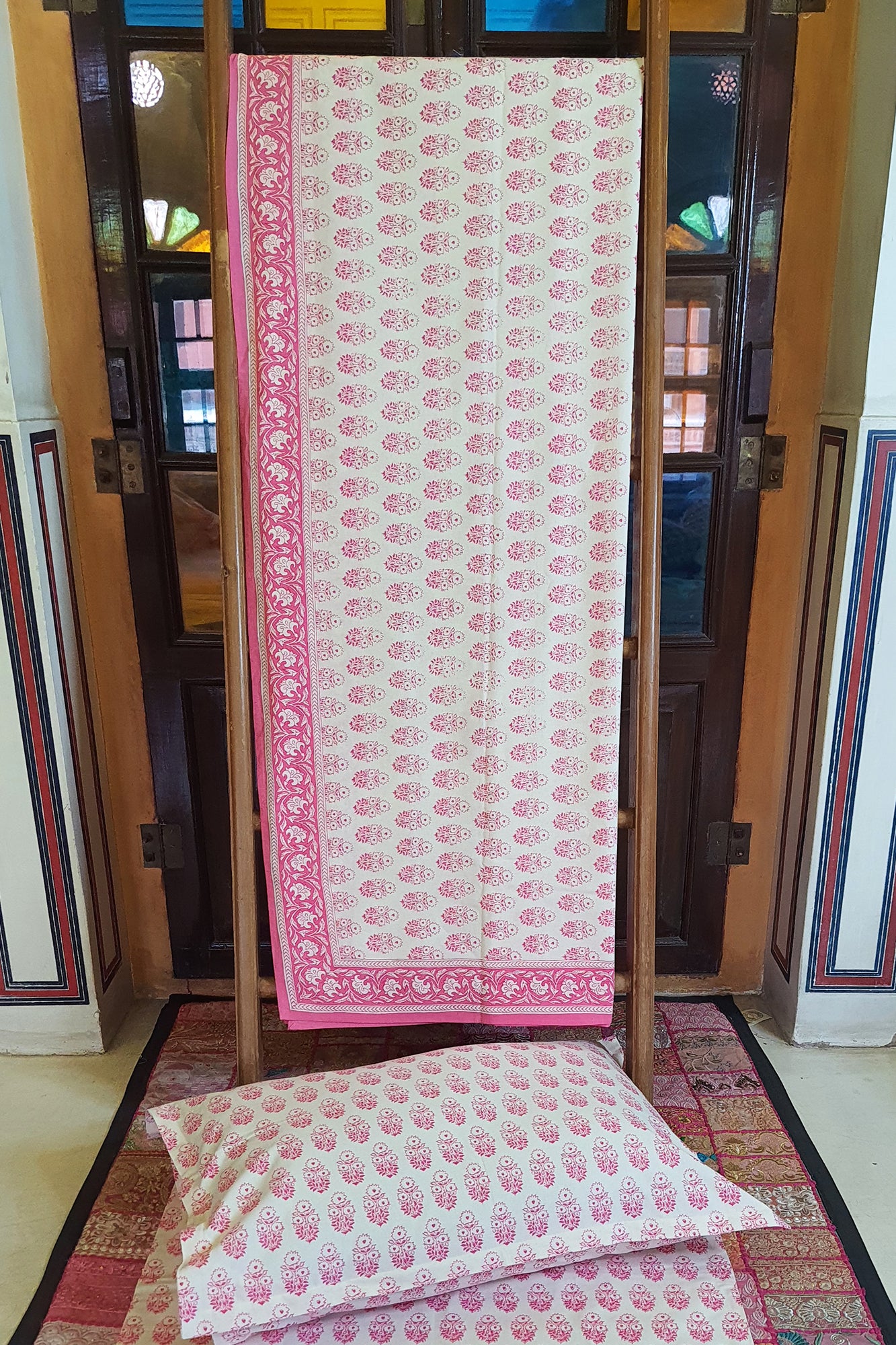 Pink Motifs Bed Sheet With Pillow
