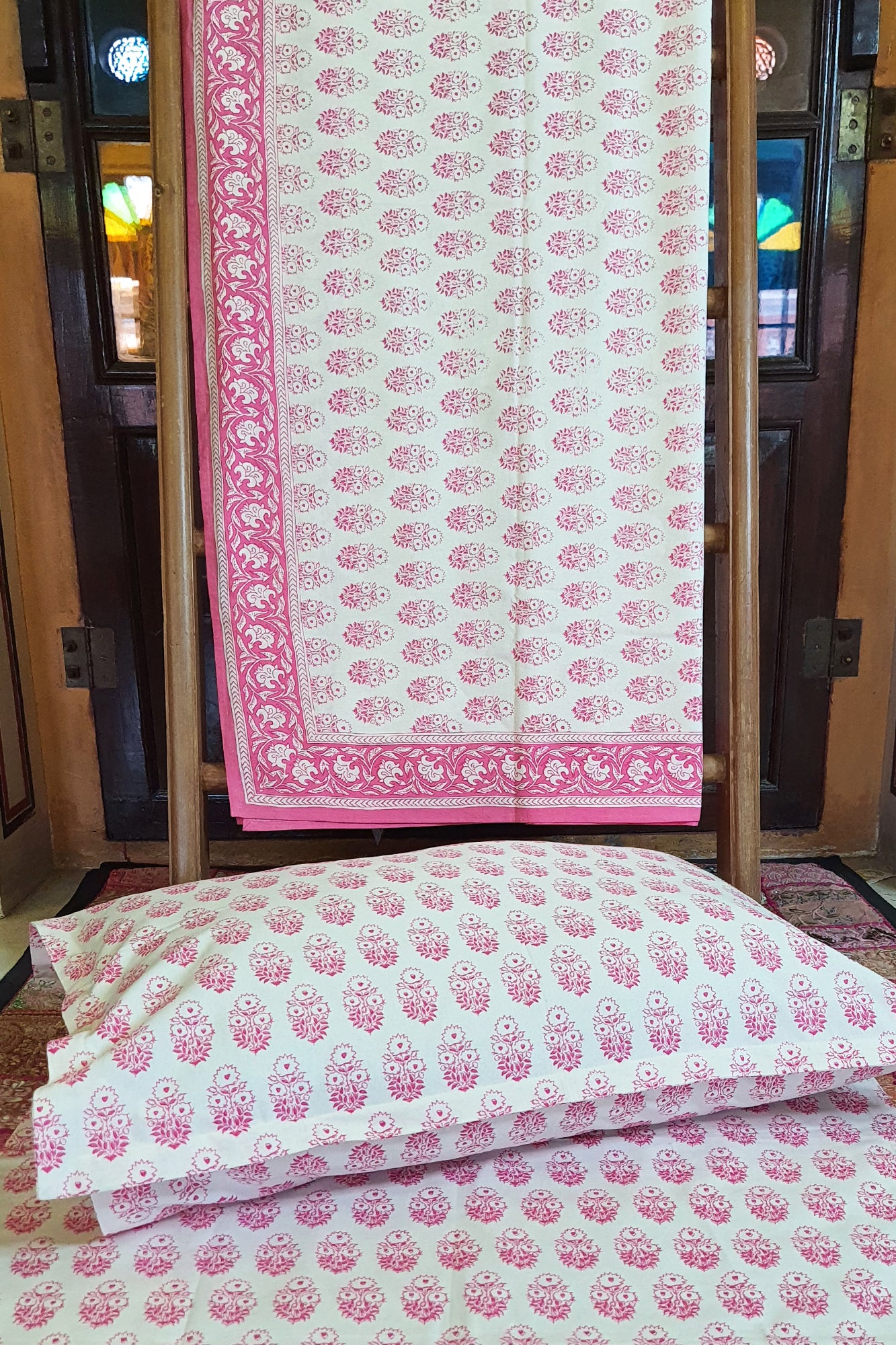 Pink Motifs Bed Sheet With Pillow