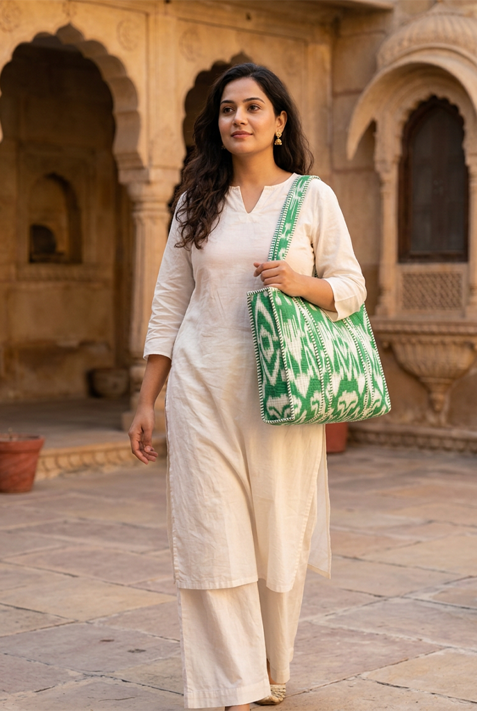 Ikkat Green Tote Bag