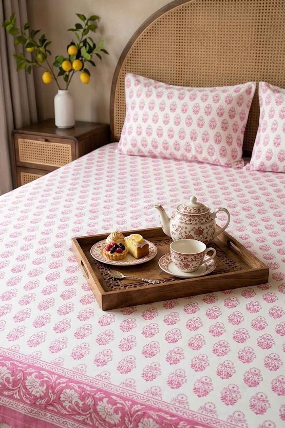 Pink Motifs Bed Sheet With Pillow