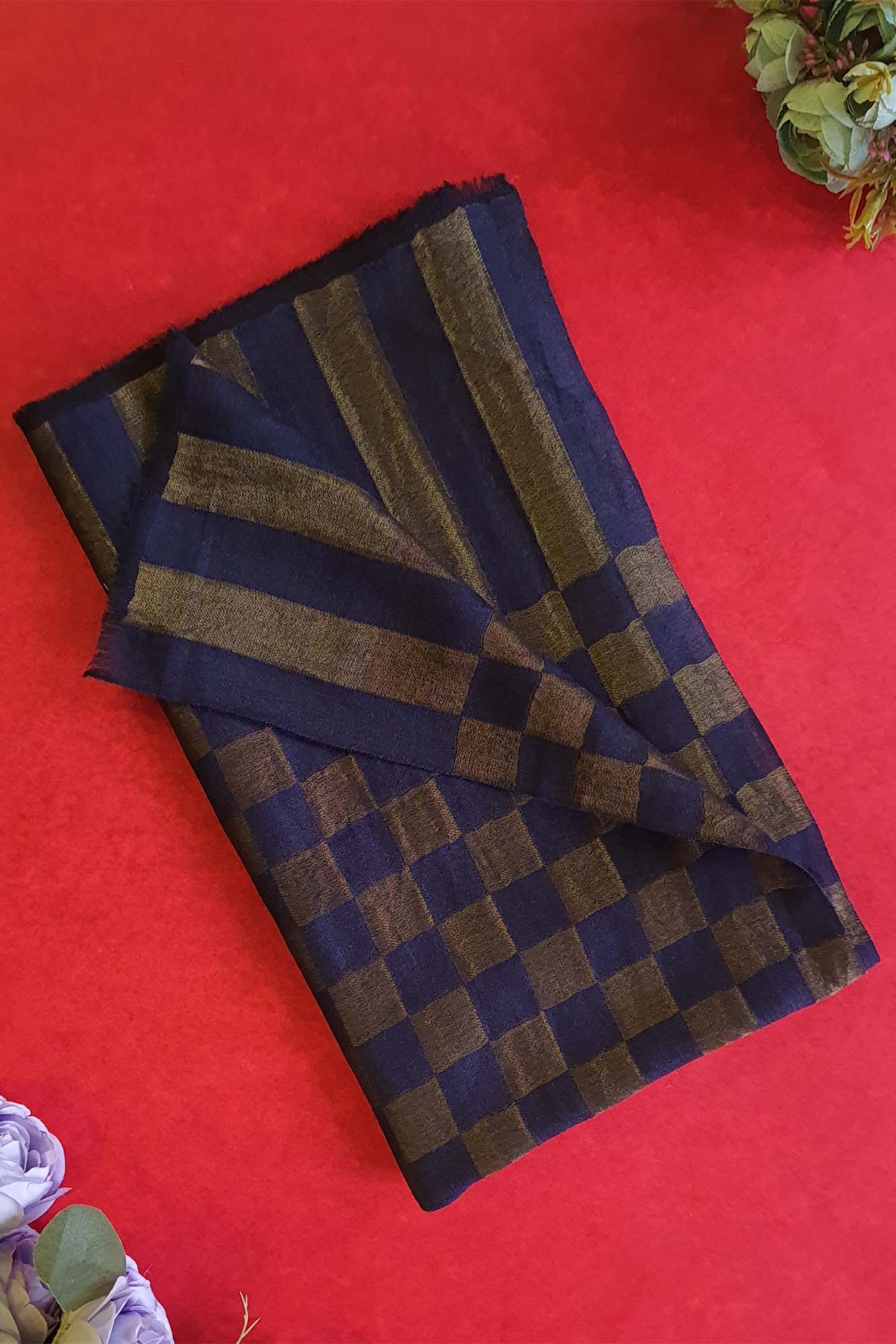 Women Pashmina Stole Checkered Navy Blue