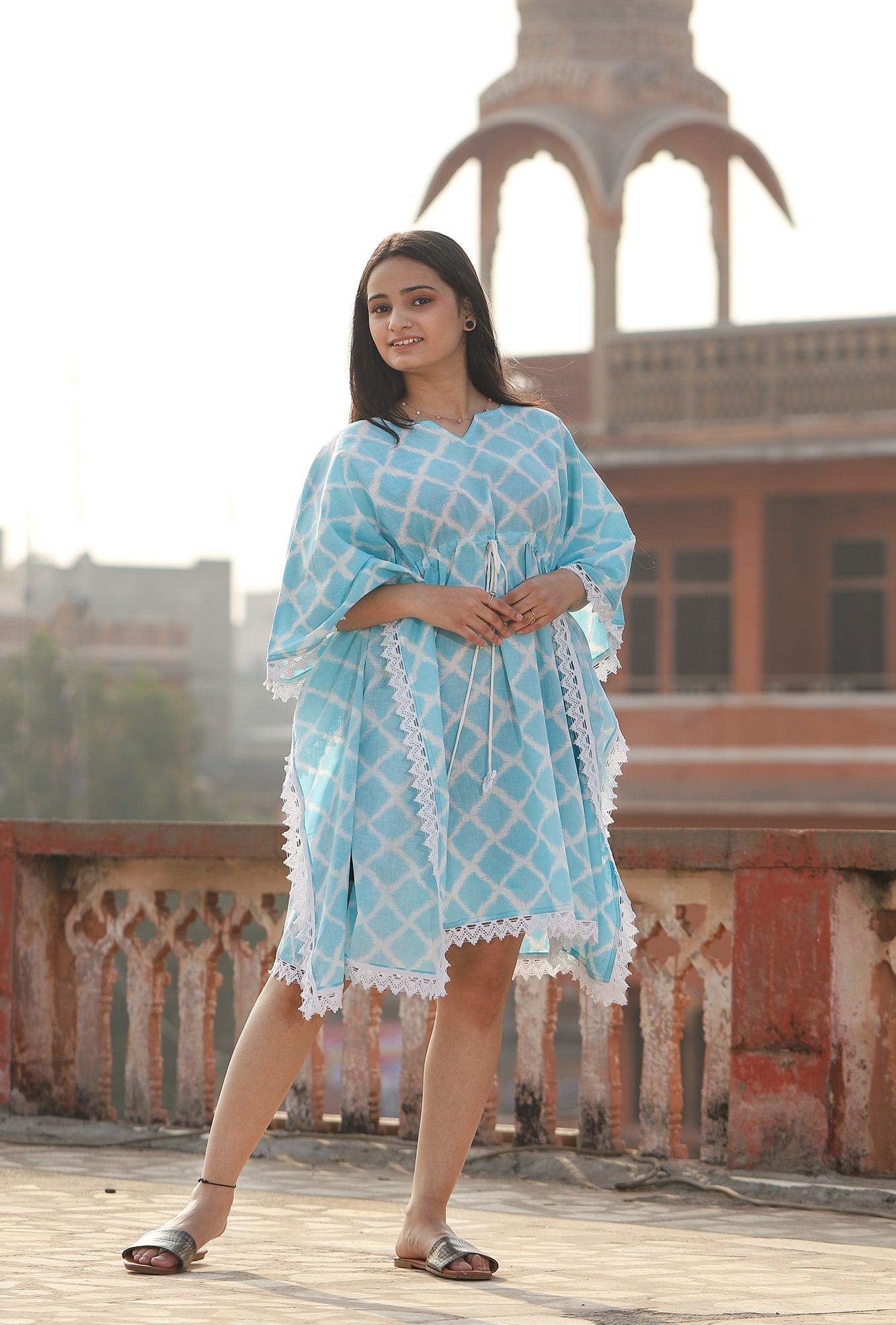 Kaftan Short Women Sky Blue Diamond