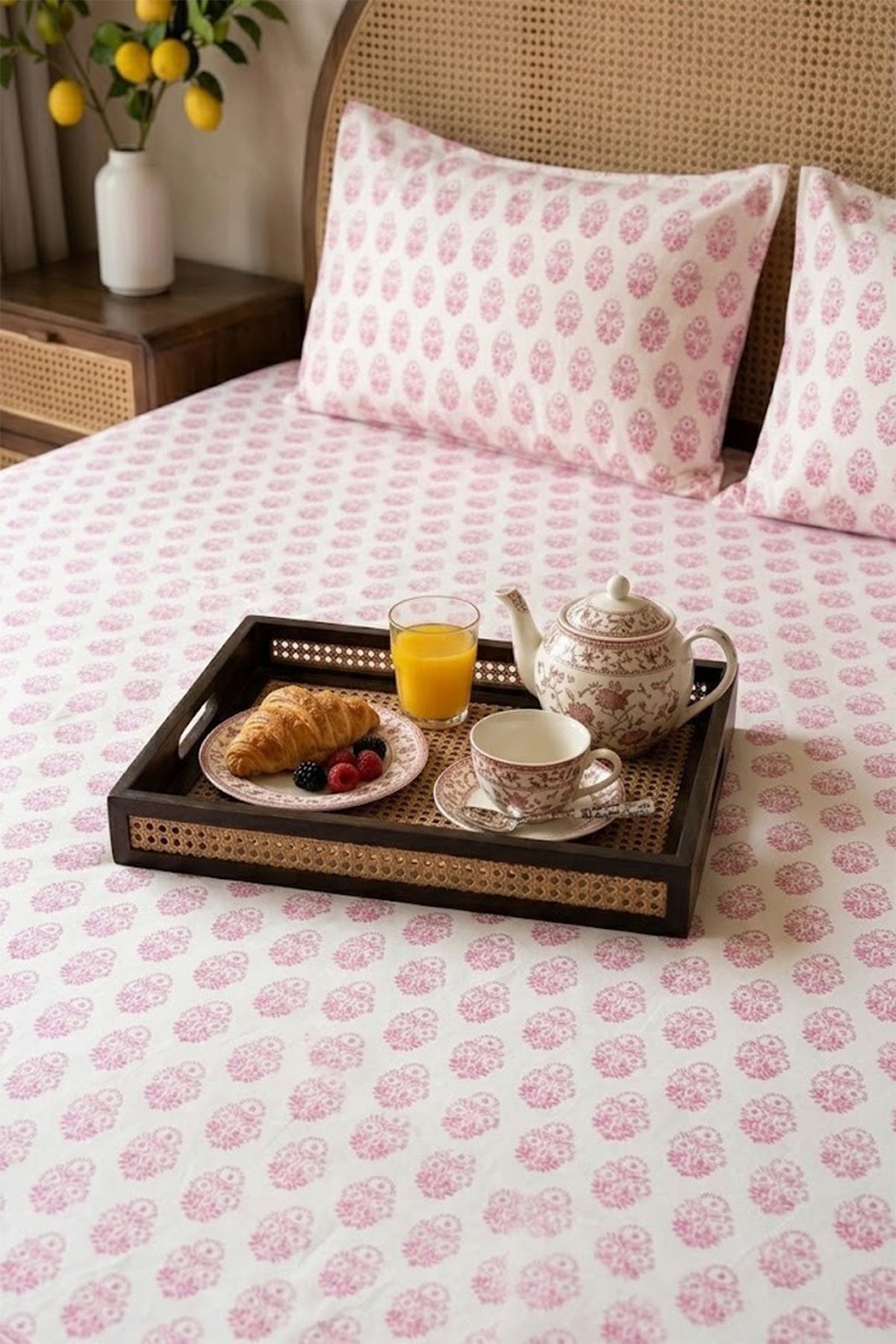 Pink Motifs Bed Sheet With Pillow