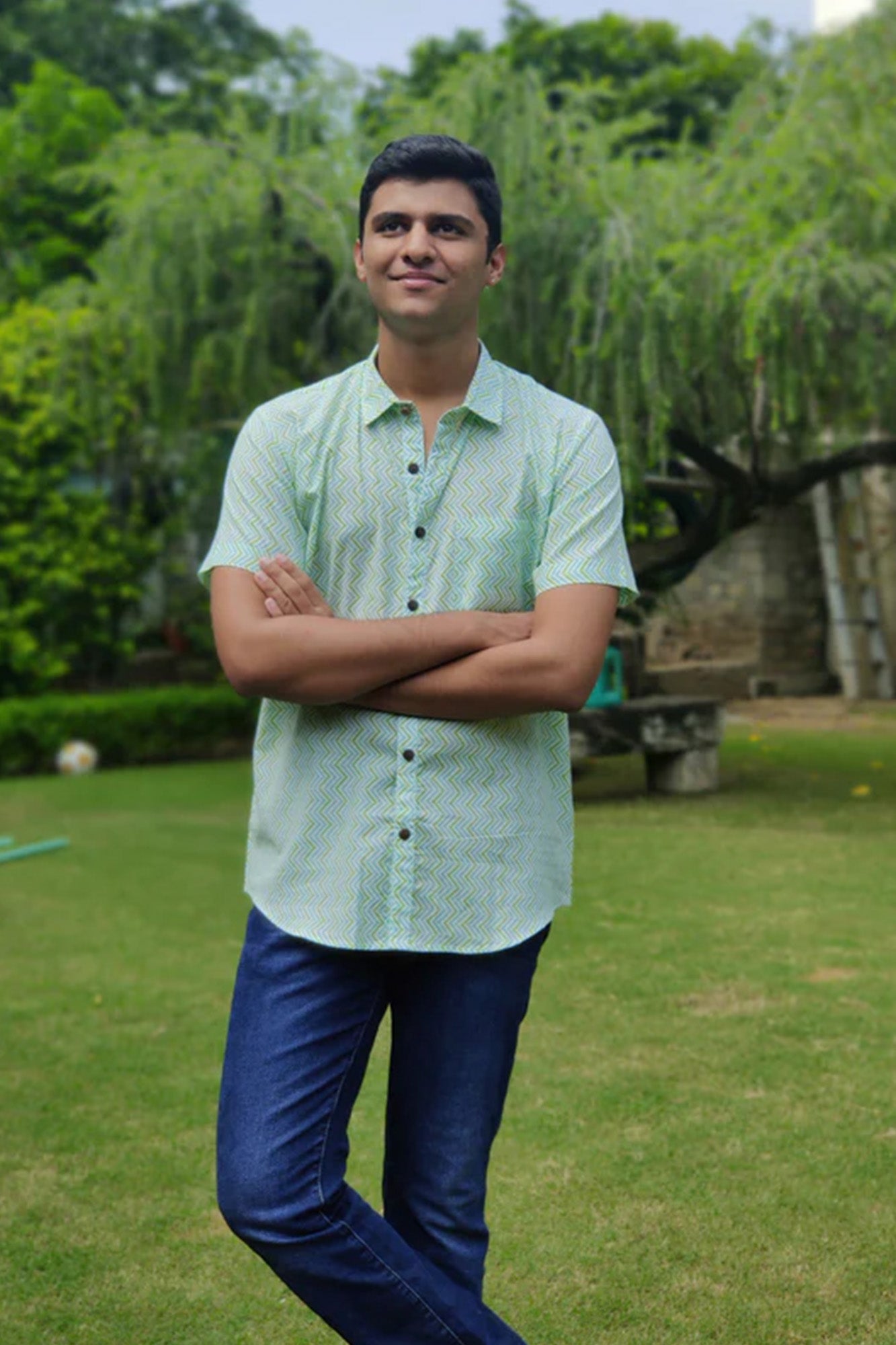 Men Half Sleeve Shirt Green Blue Chevron