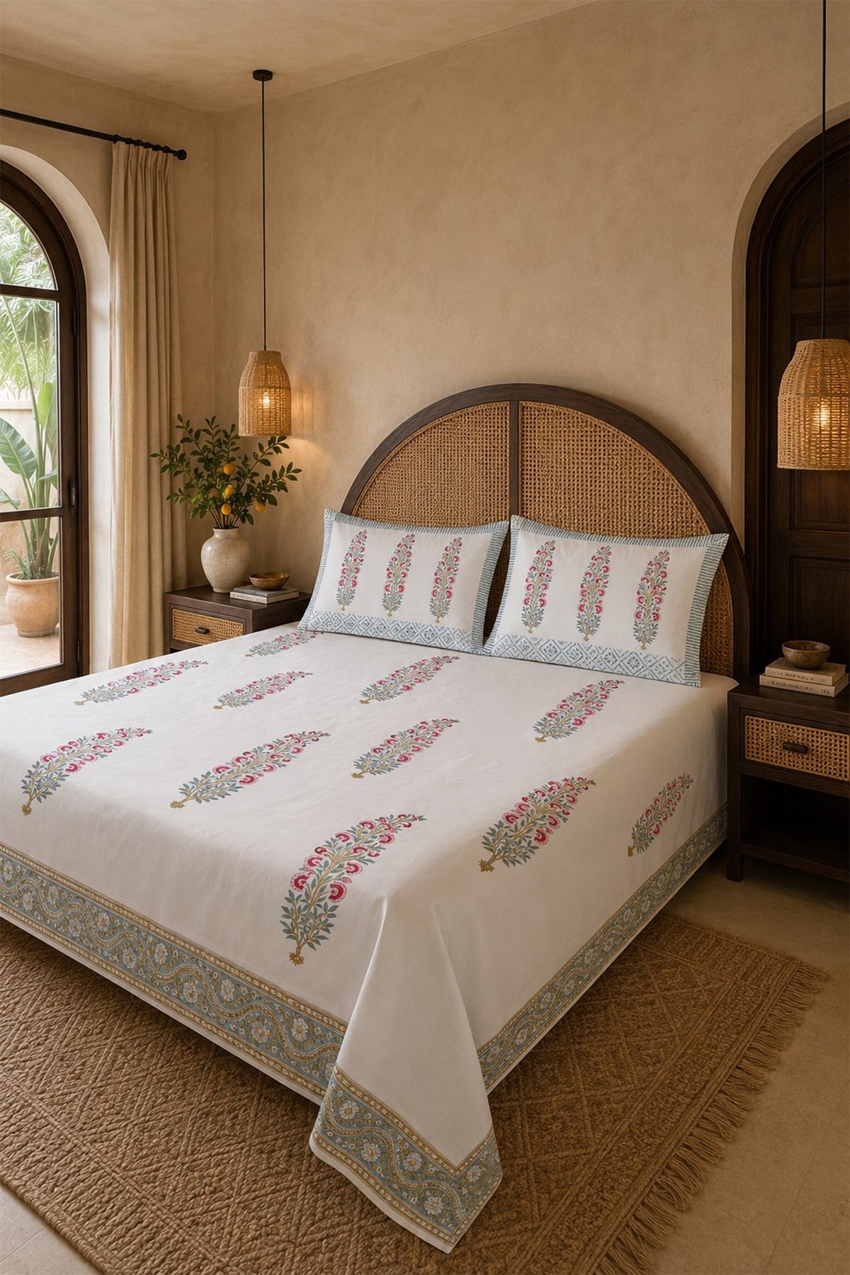 Leafage Pink Bed Sheet With Pillow