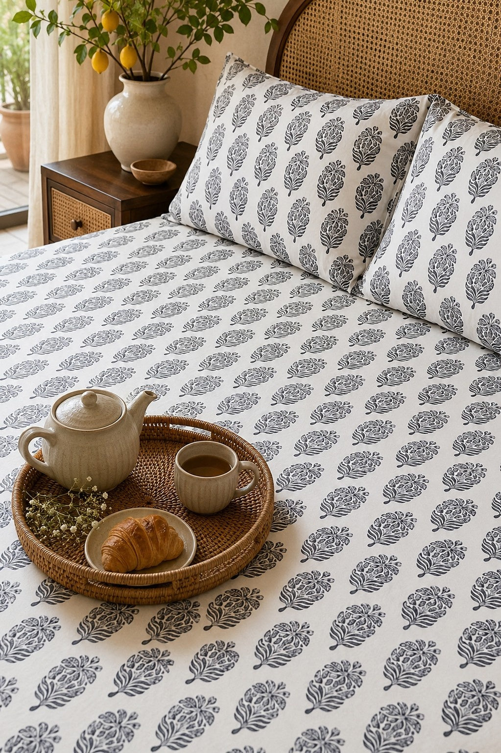 Block Motifs Grey Bed Sheet With Pillow