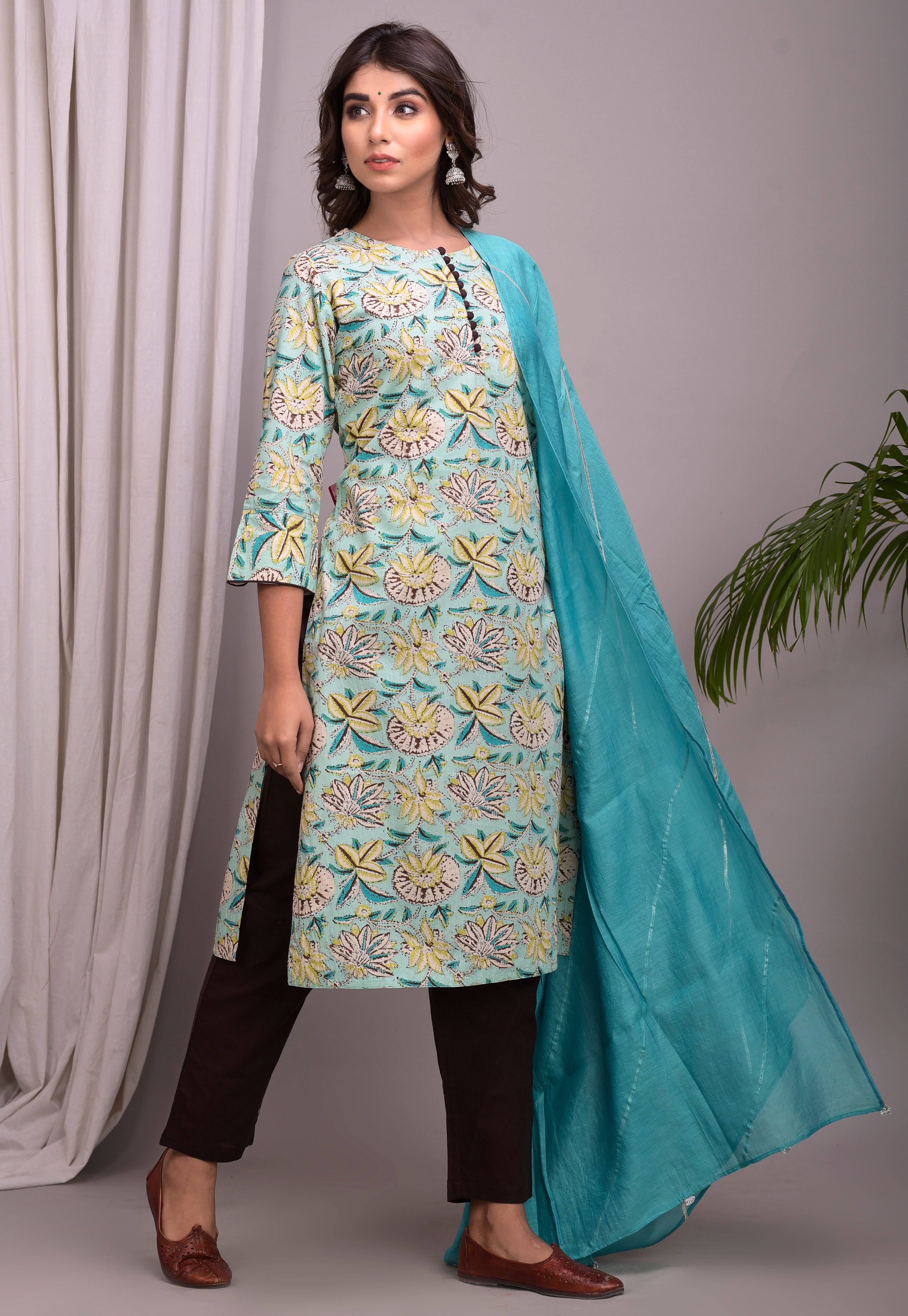 Women Teal Floral 3 PC Suit Set