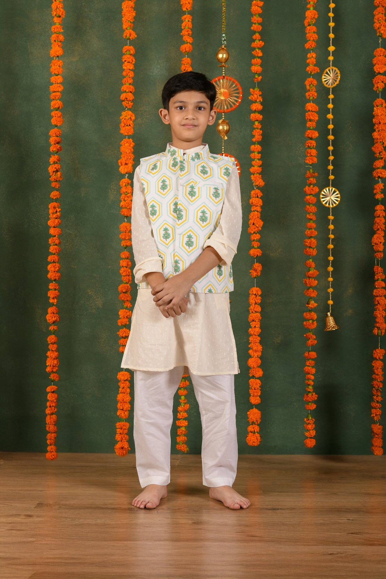 Geo Bloom Jacket & White Dobby Kurta Set