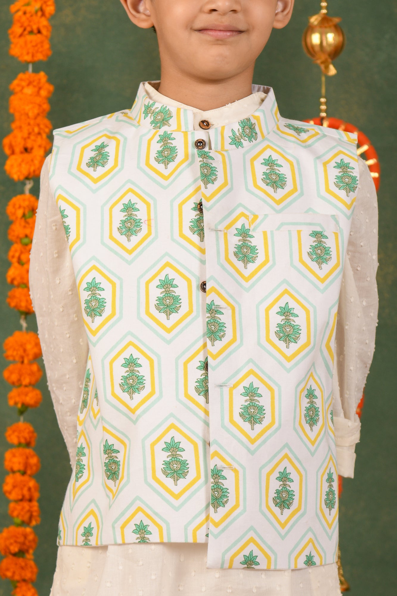 Geo Bloom Jacket & White Dobby Kurta Set