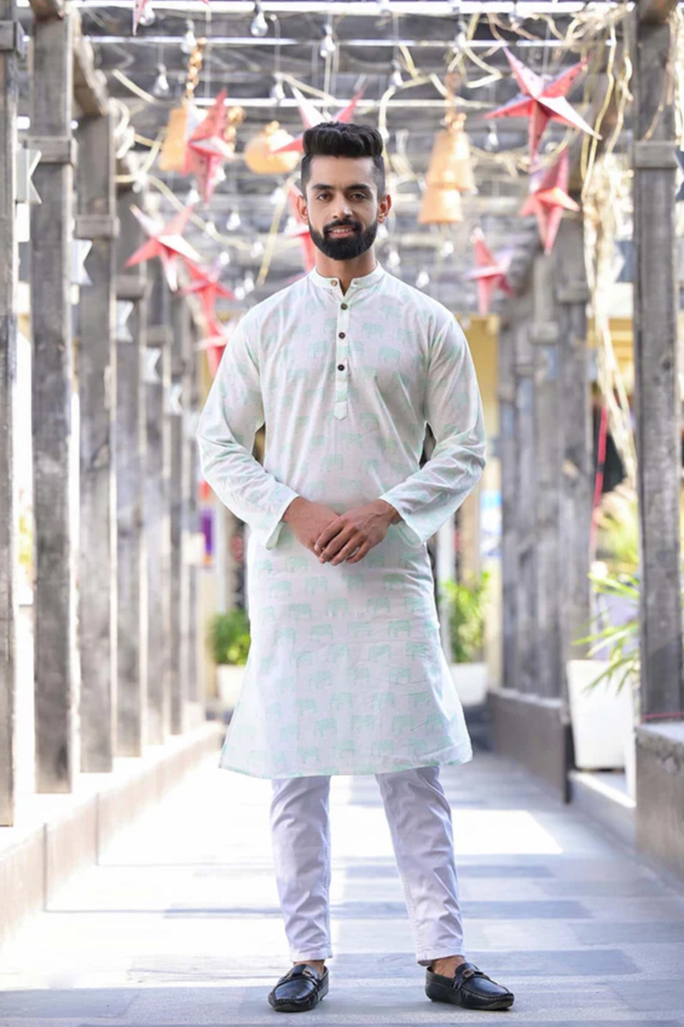 Mens Long Kurta Green Elephant