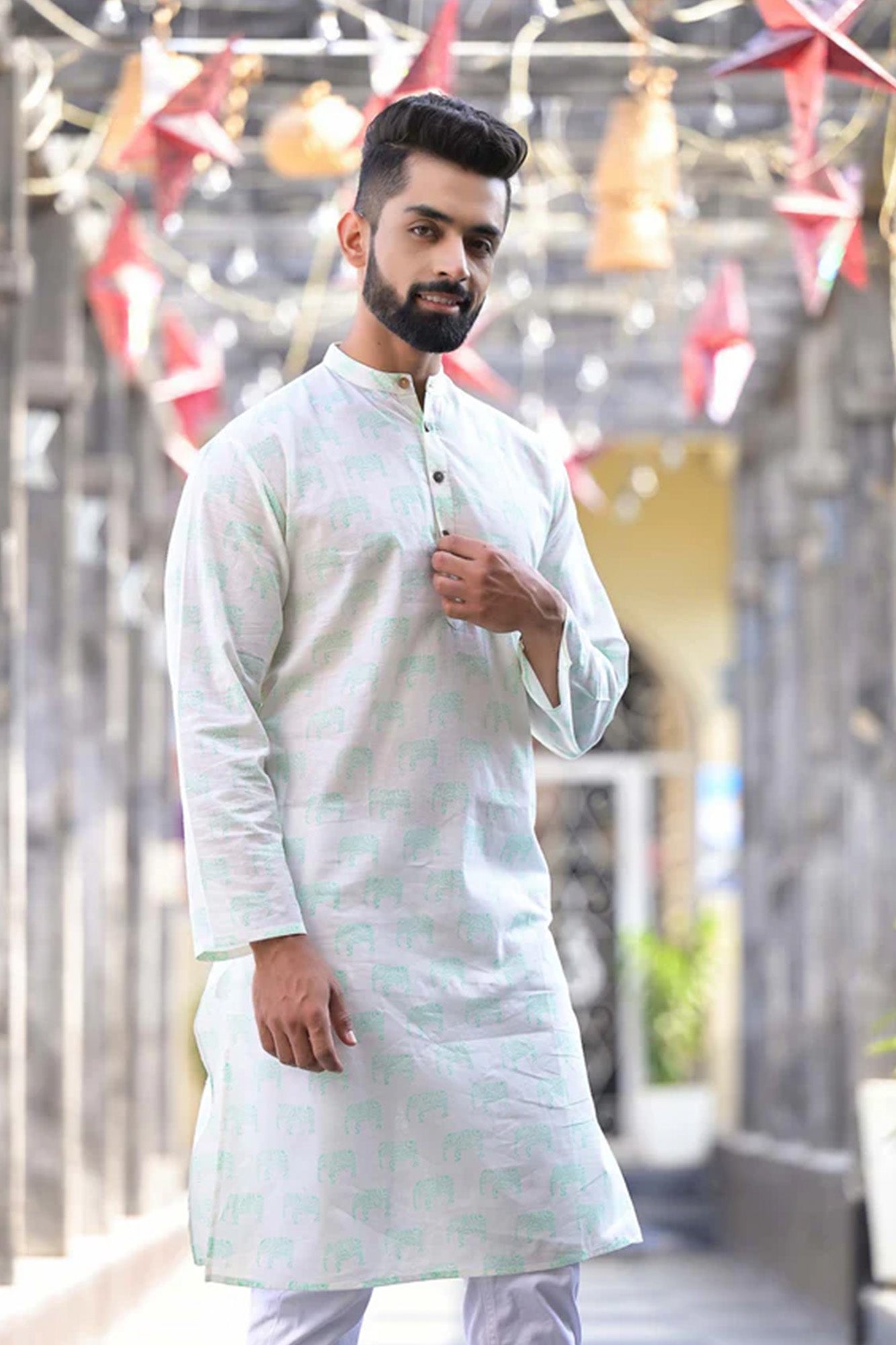 Mens Long Kurta Green Elephant