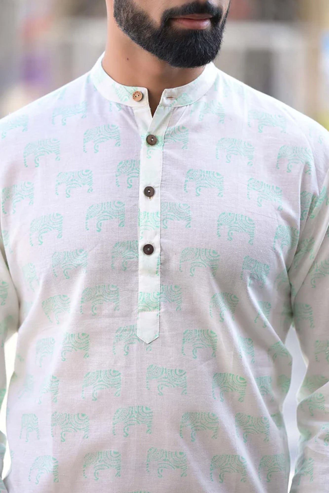 Mens Long Kurta Green Elephant