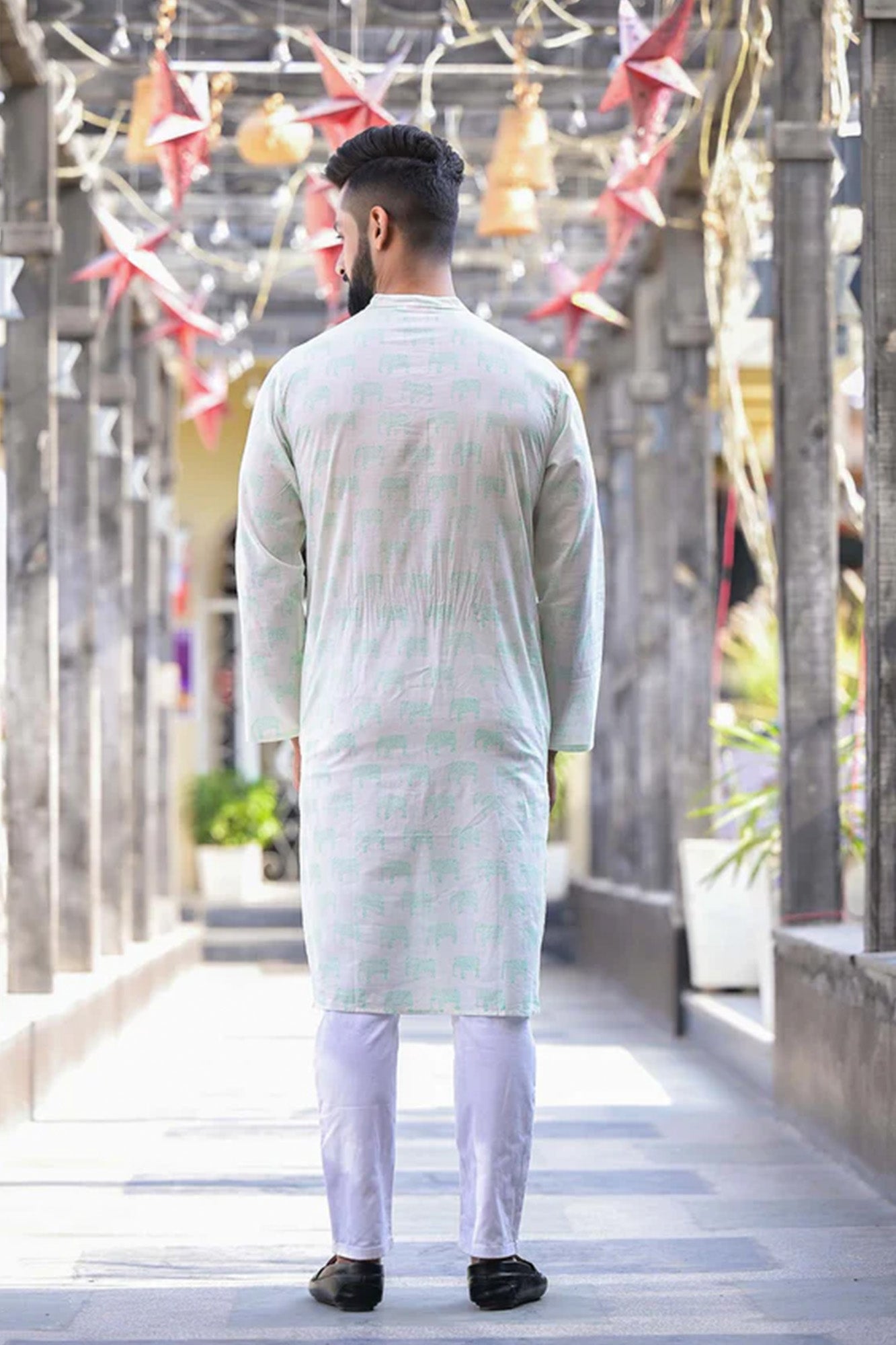 Mens Long Kurta Green Elephant