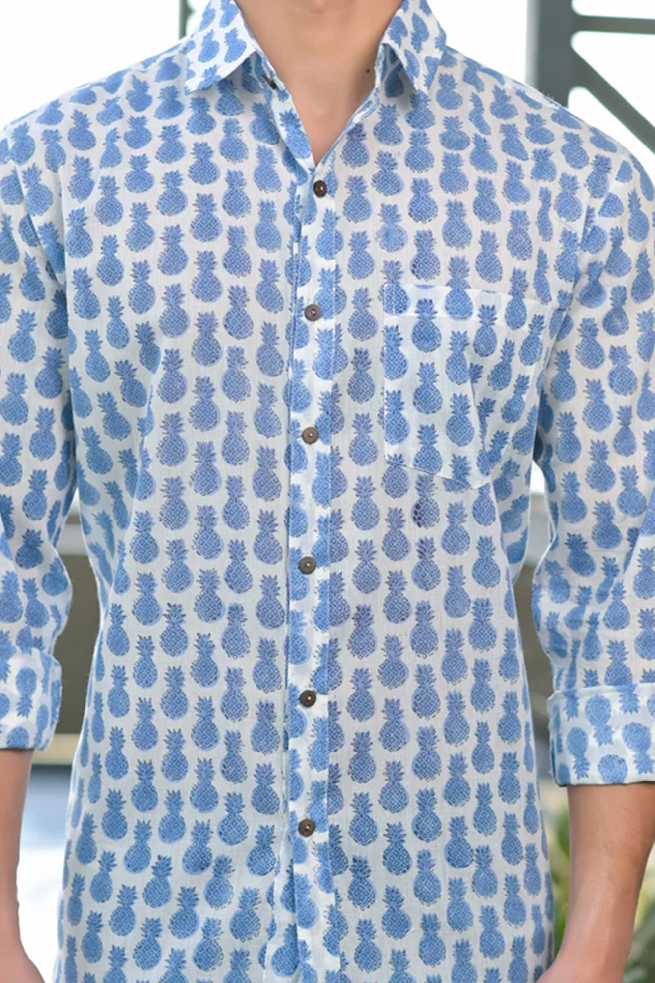 Shirt Full Sleeve Pineapple White Blue