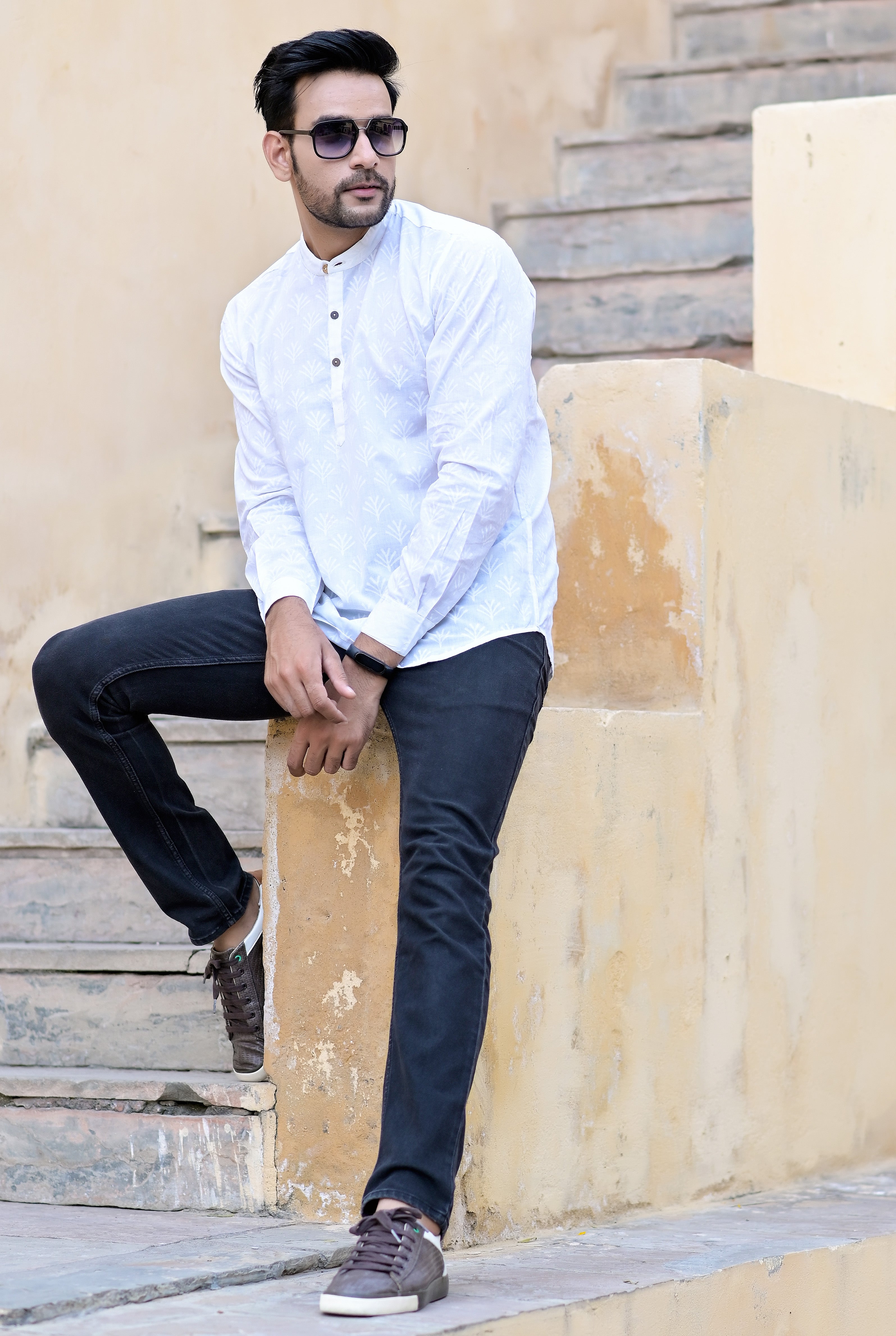 Kurta Short Mens White On White