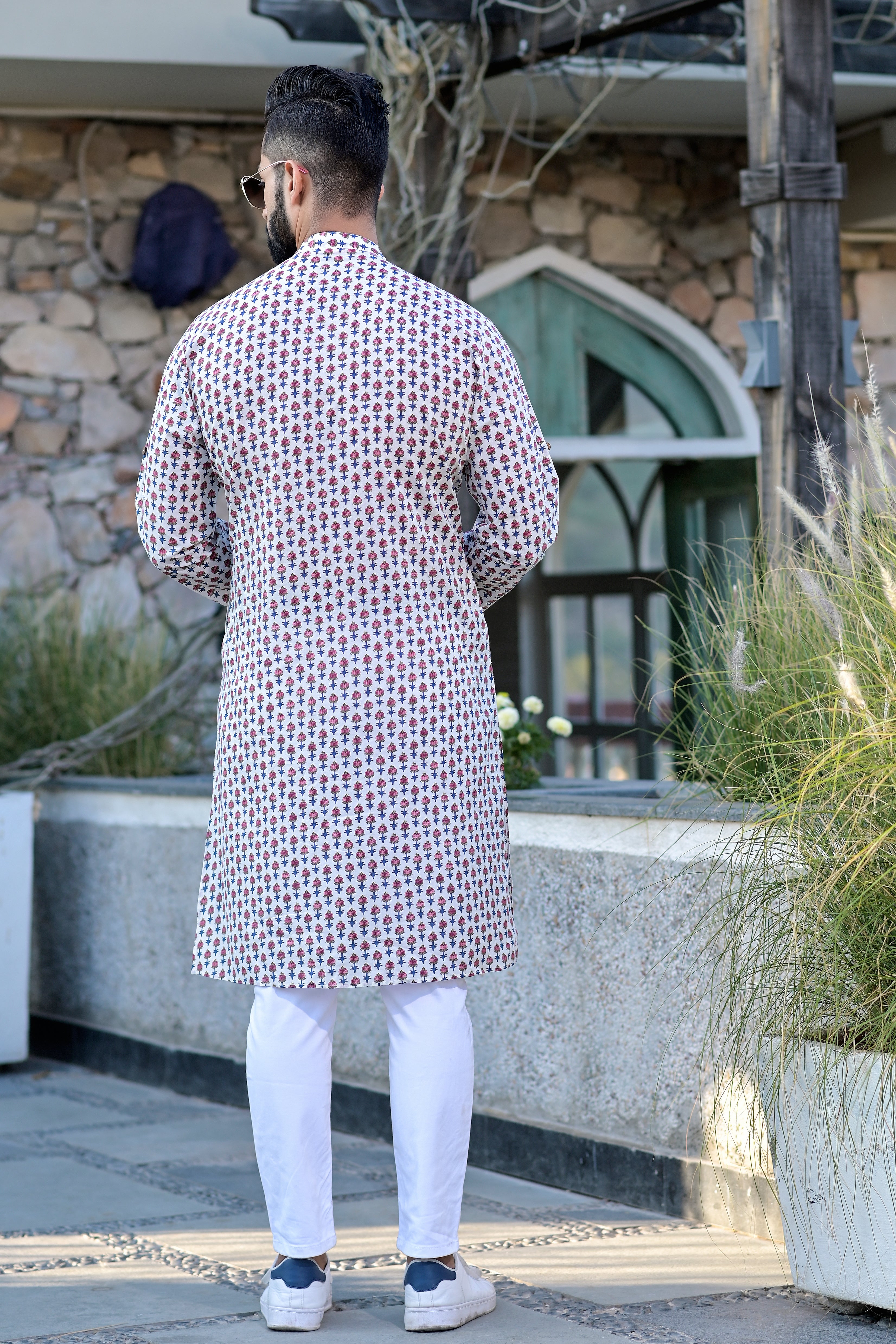 Mens Pink Motifs Long Kurta