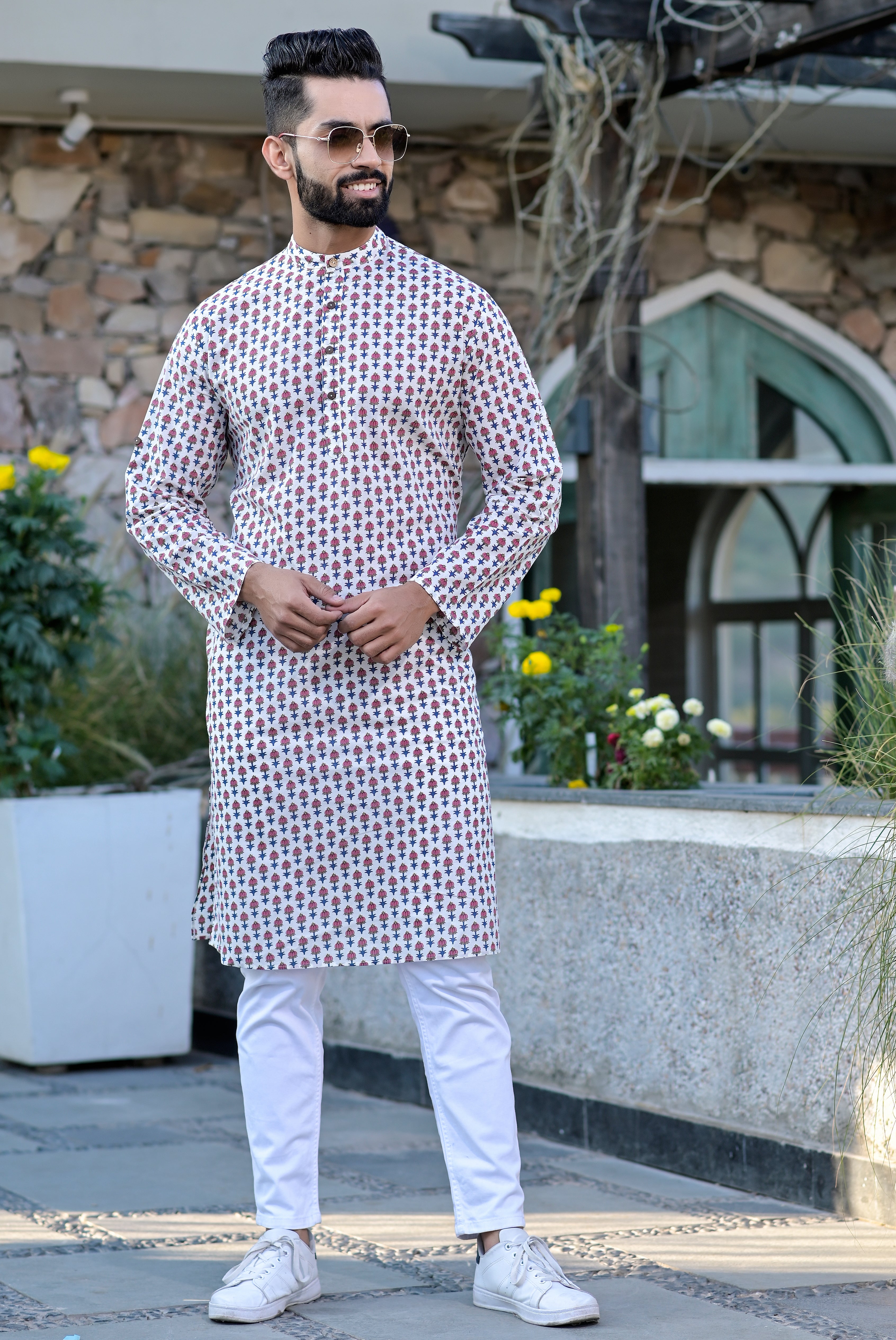 Mens Pink Motifs Long Kurta