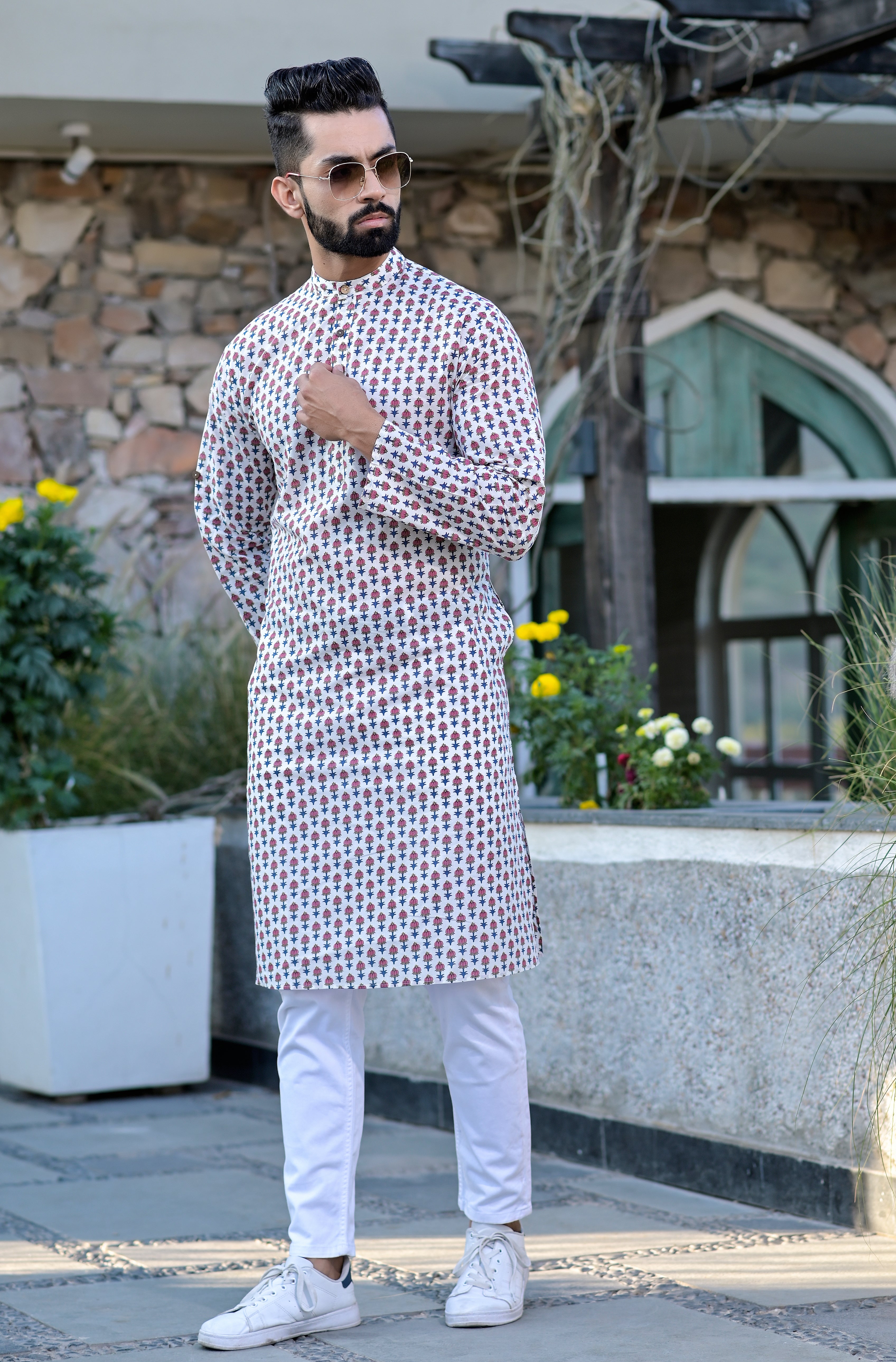 Mens Pink Motifs Long Kurta