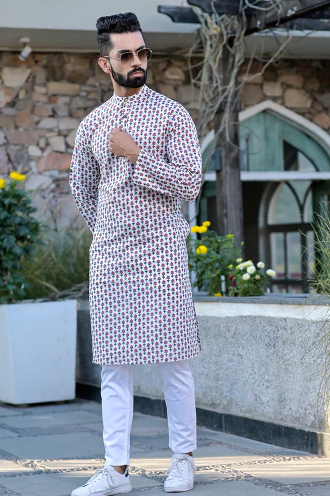 Mens Pink Motifs Long Kurta