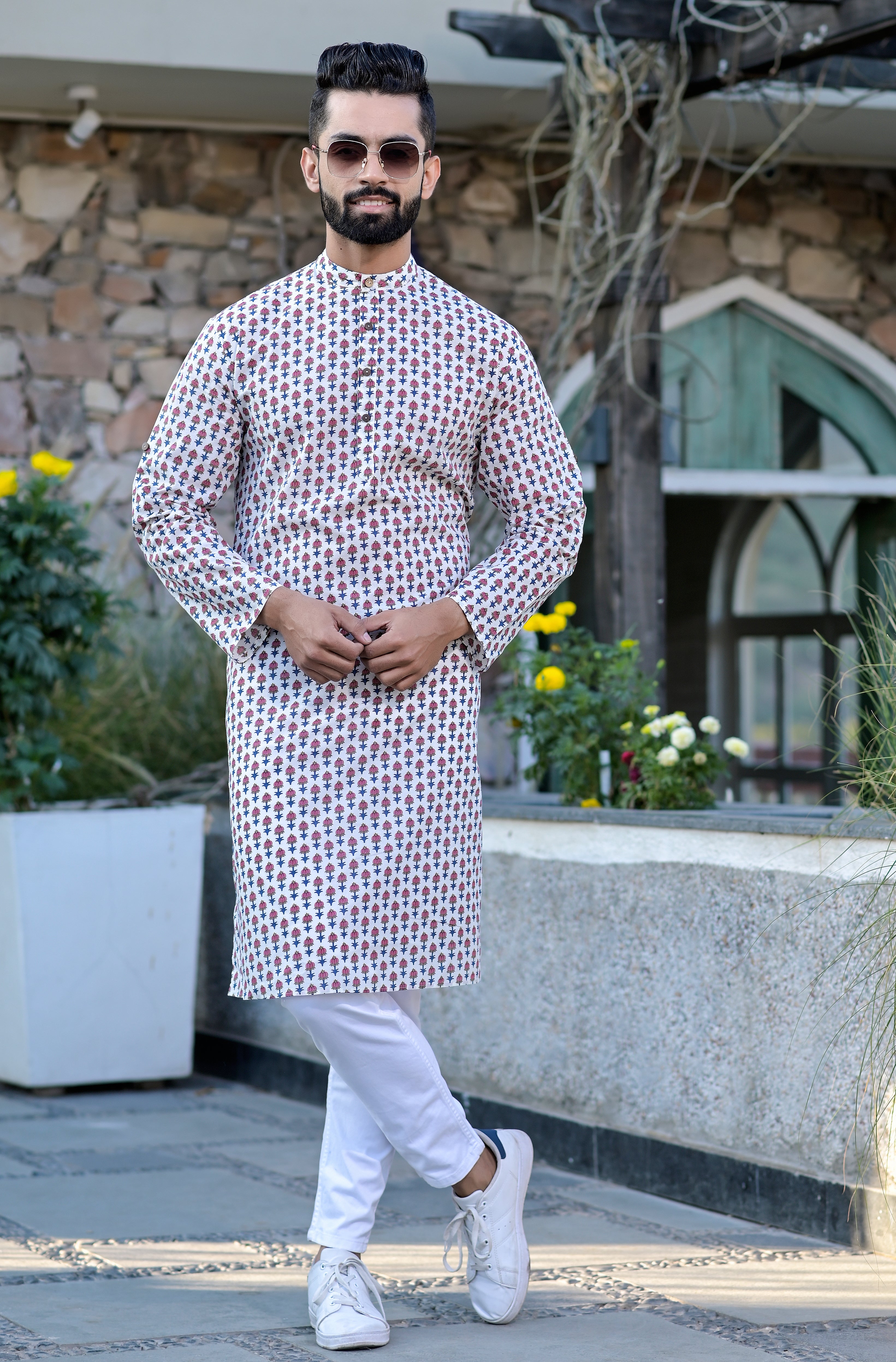 Mens Pink Motifs Long Kurta