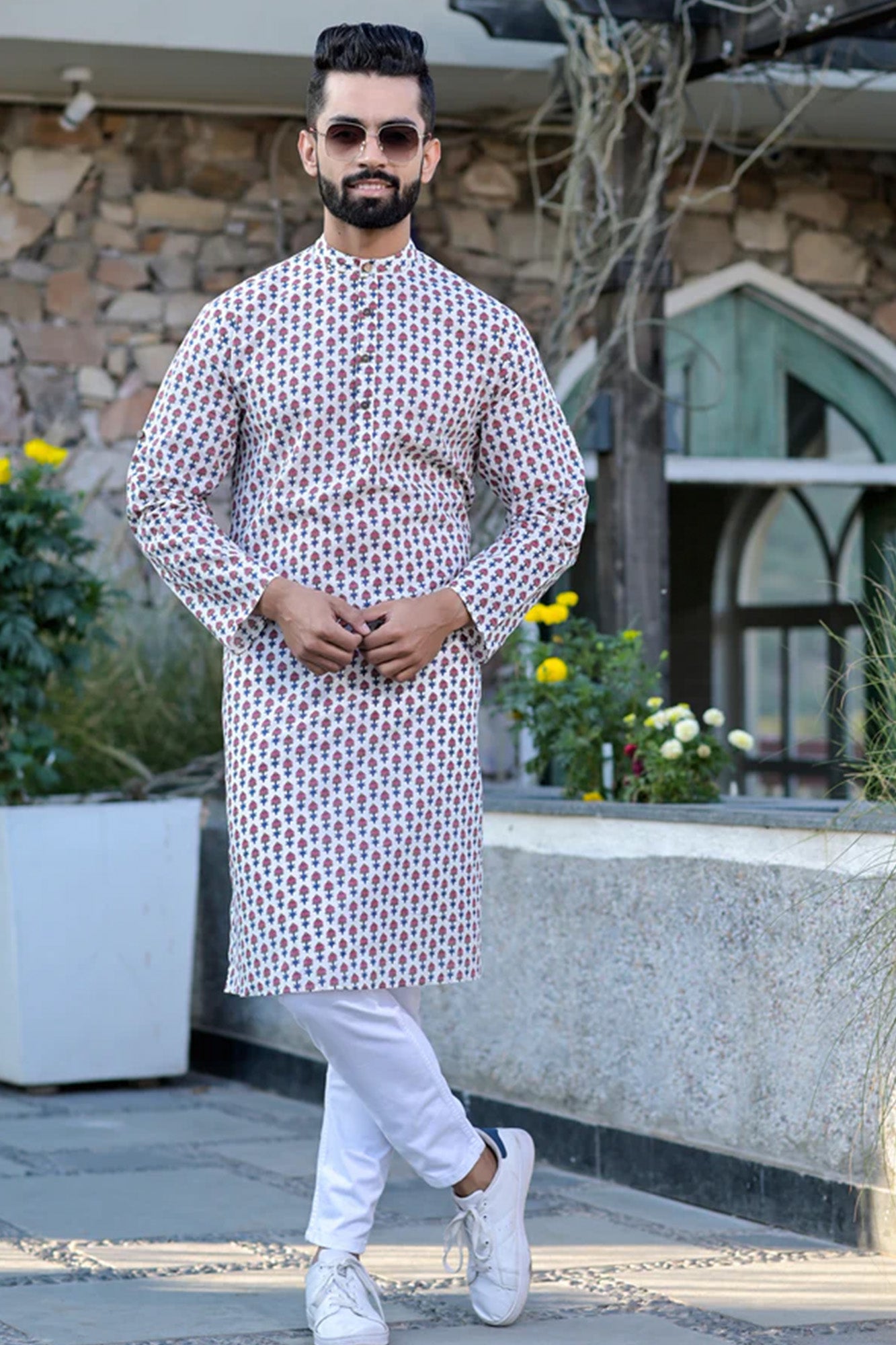 Mens Pink Motifs Long Kurta