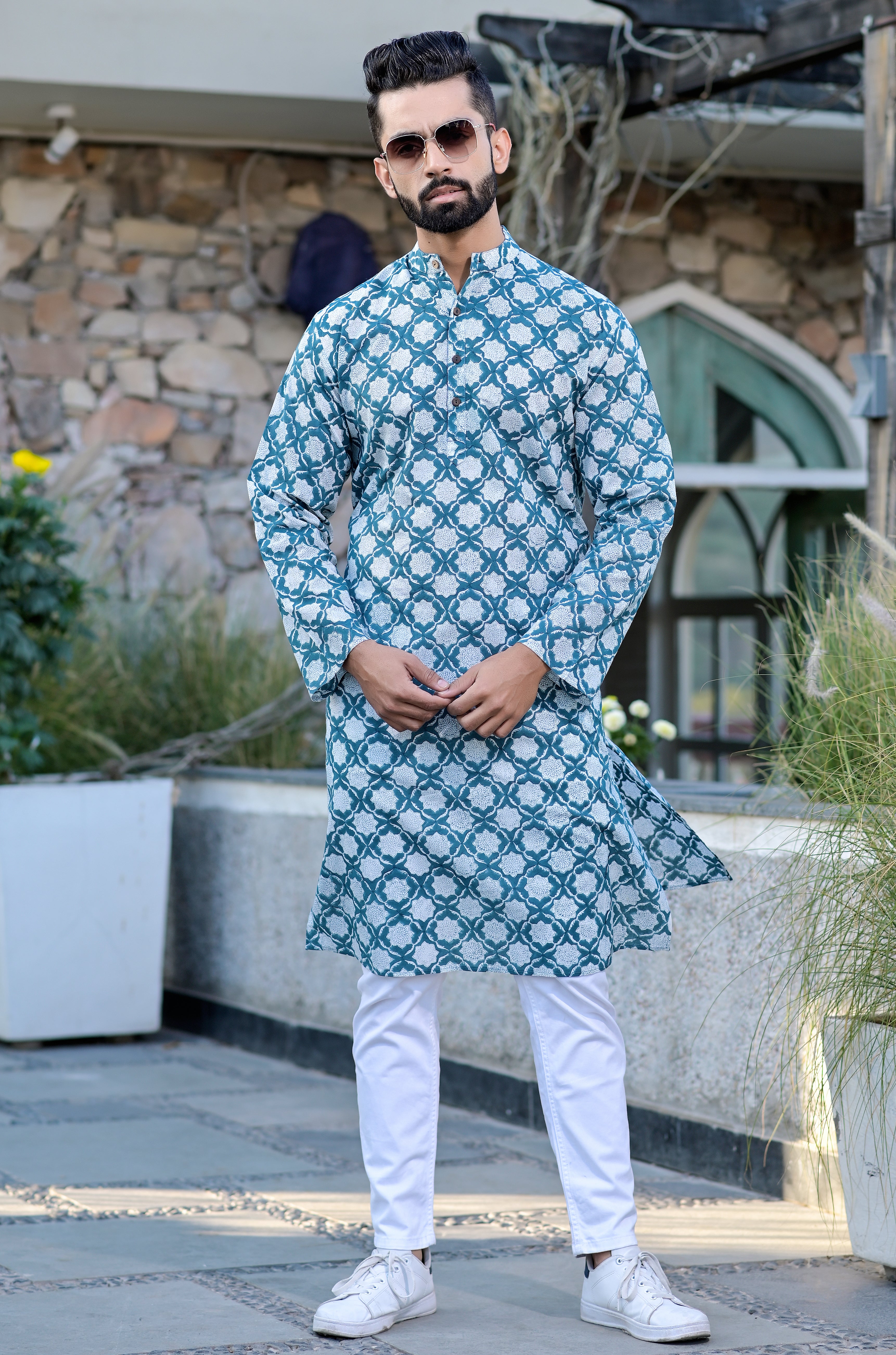 Kurta Long Mens Geometric Turq