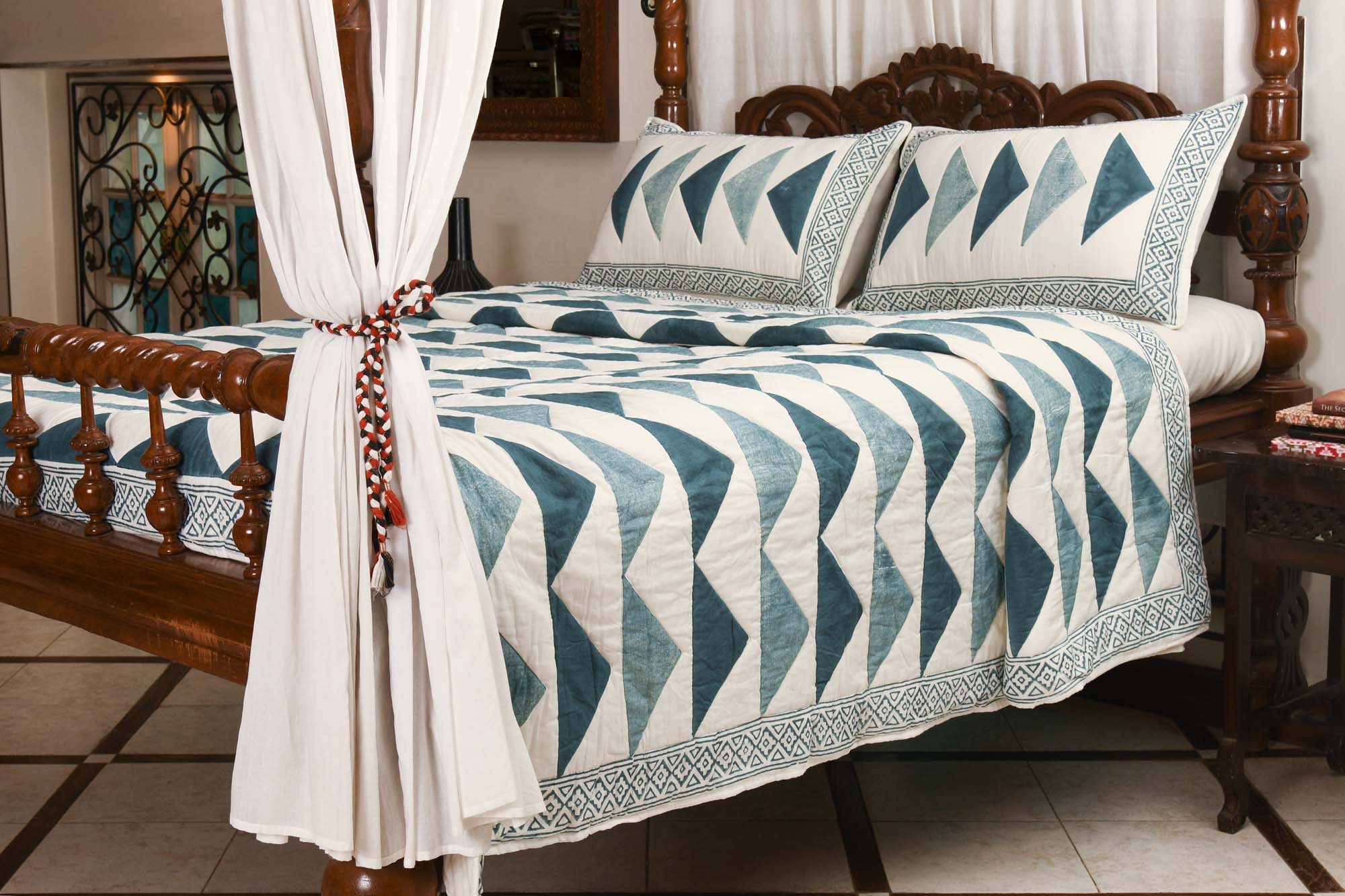 Blue Geo-triangle Quilted Bedcover