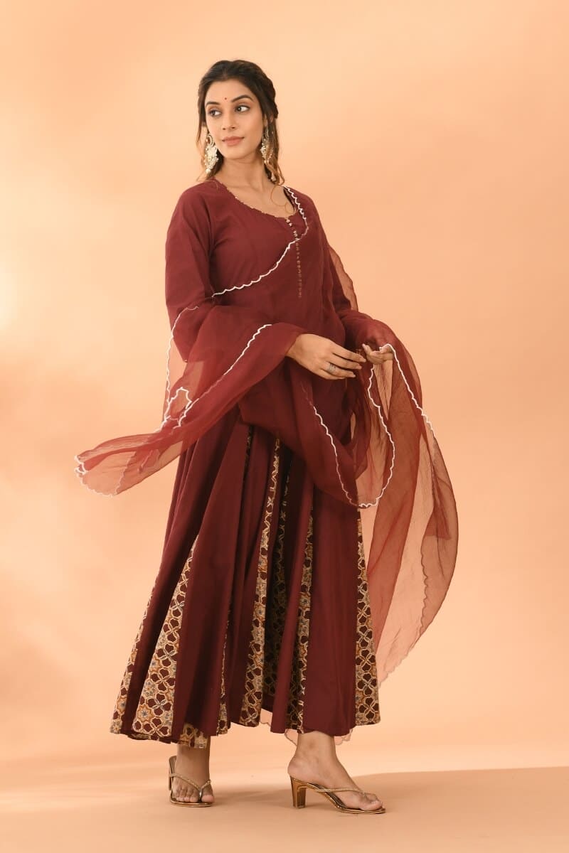 Dress Women Kalidar Wine With Dupatta