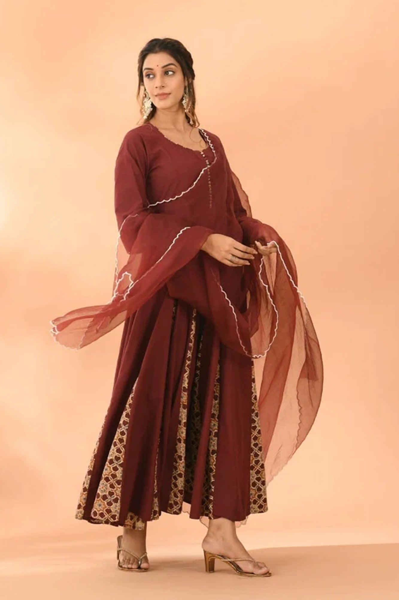 Dress Women Kalidar Wine With Dupatta