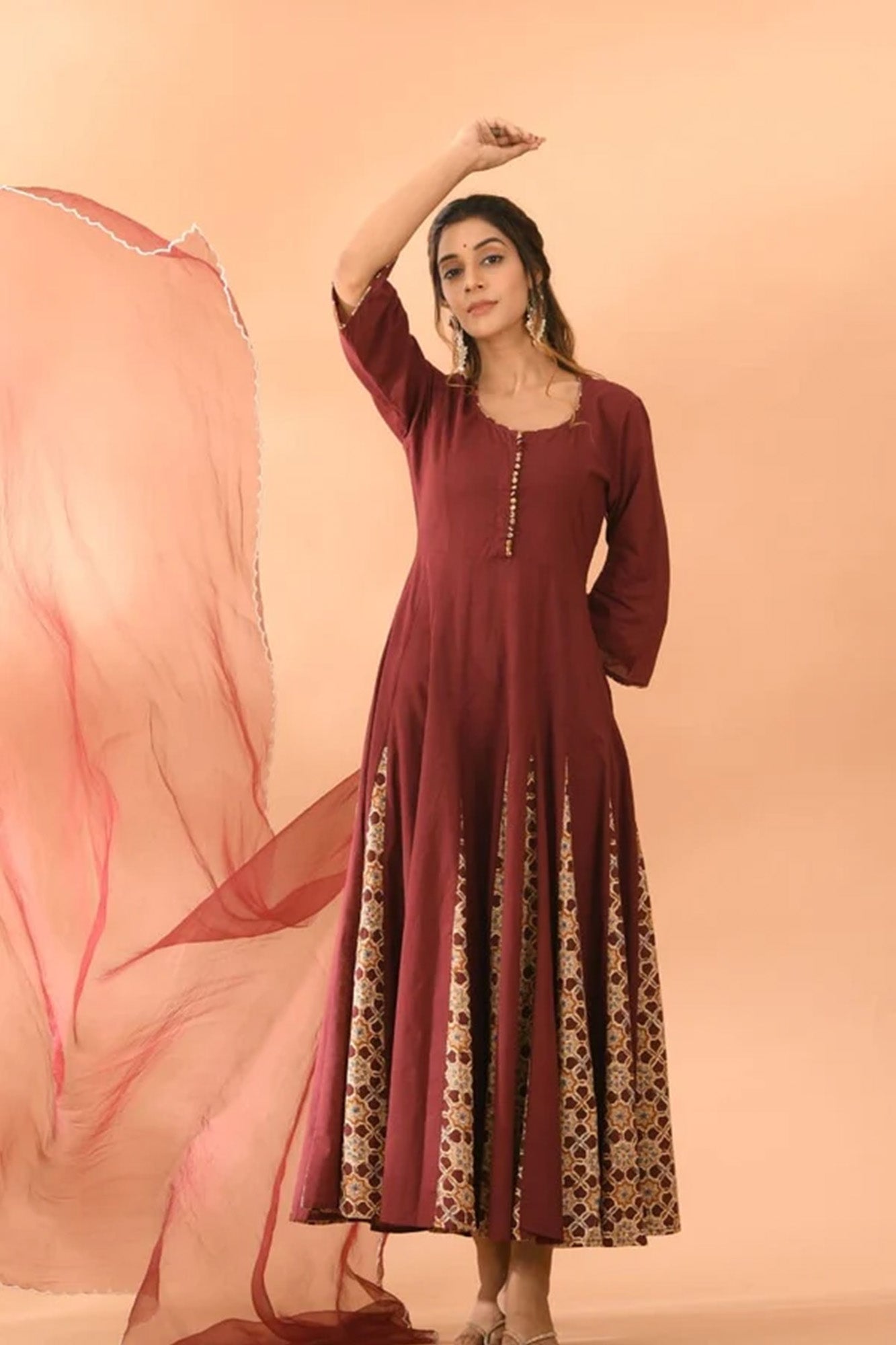 Dress Women Kalidar Wine With Dupatta