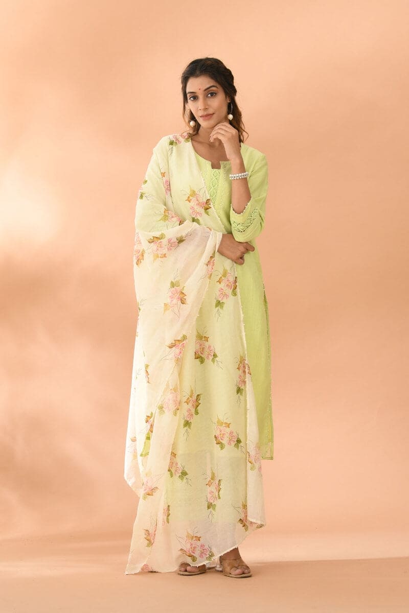 Suit Set Womens Green Chanderi Plain S/3
