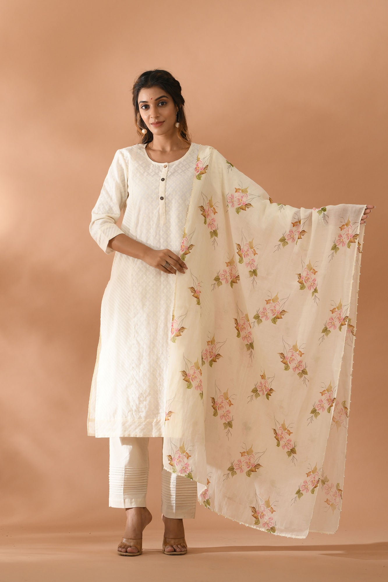 Suit Set of 3 Women Chanderi Cream
