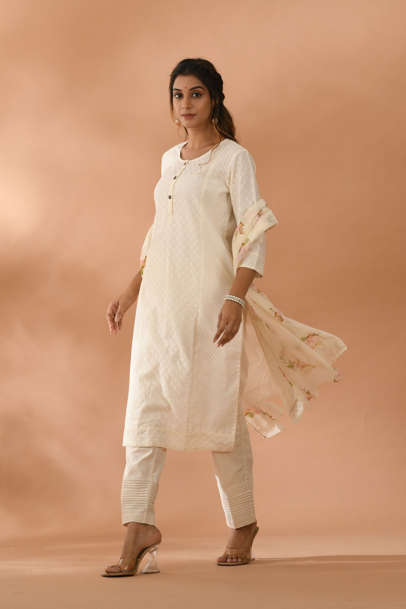 Suit Set of 3 Women Chanderi Cream