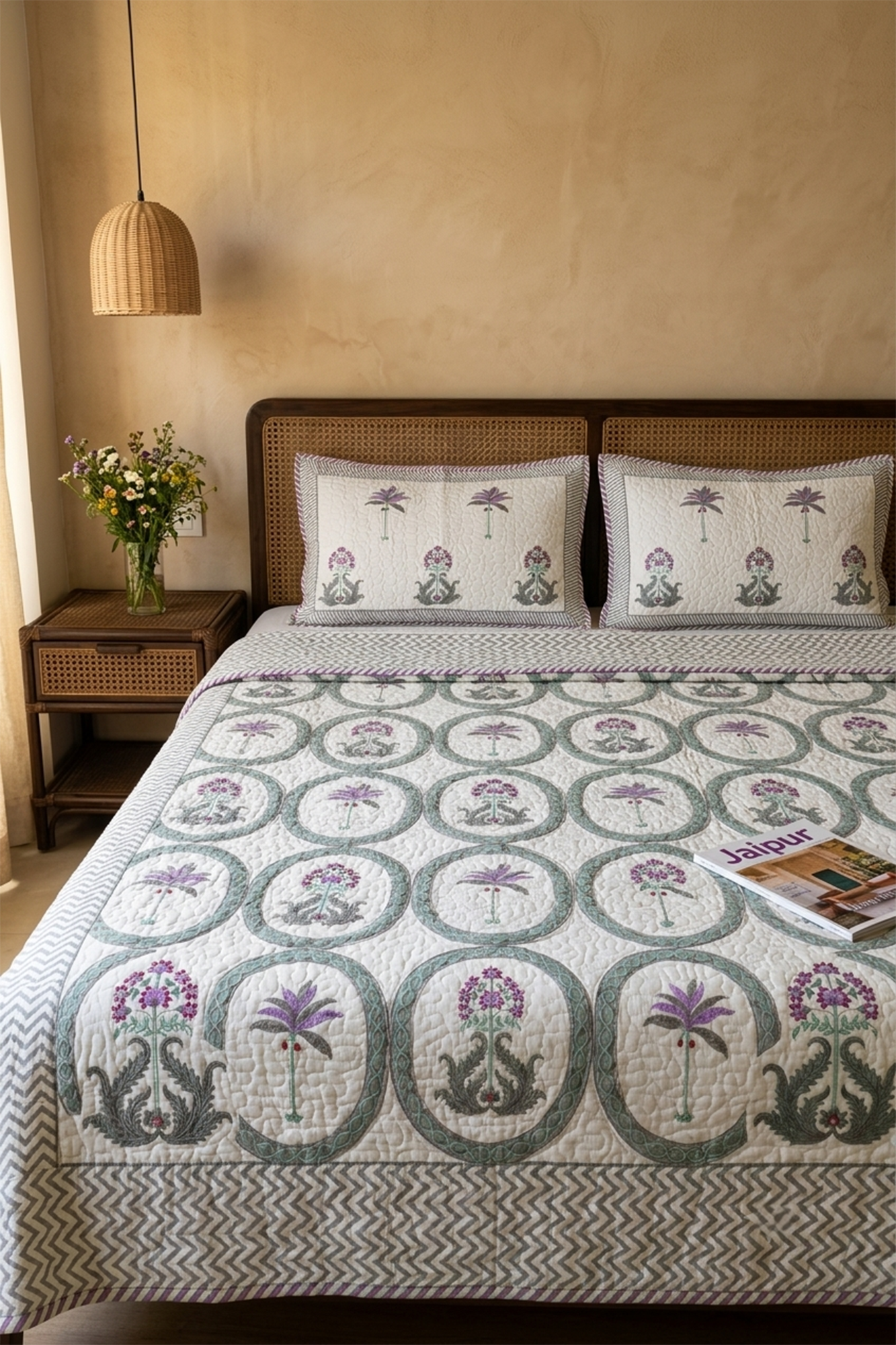 Lavender Motifs Bed Cover With 2 Pillow Covers