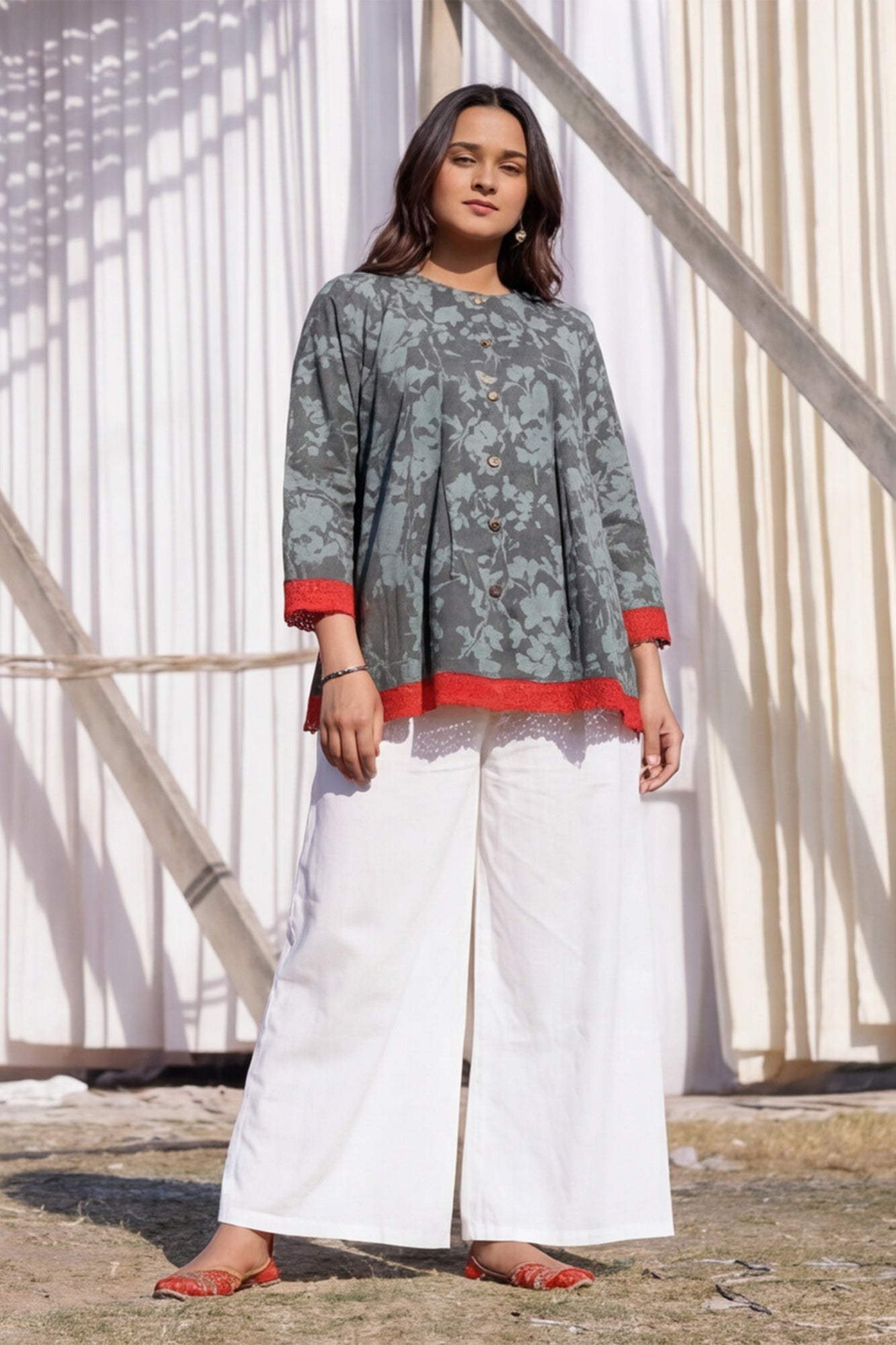 Indigo Box Pleat Top
