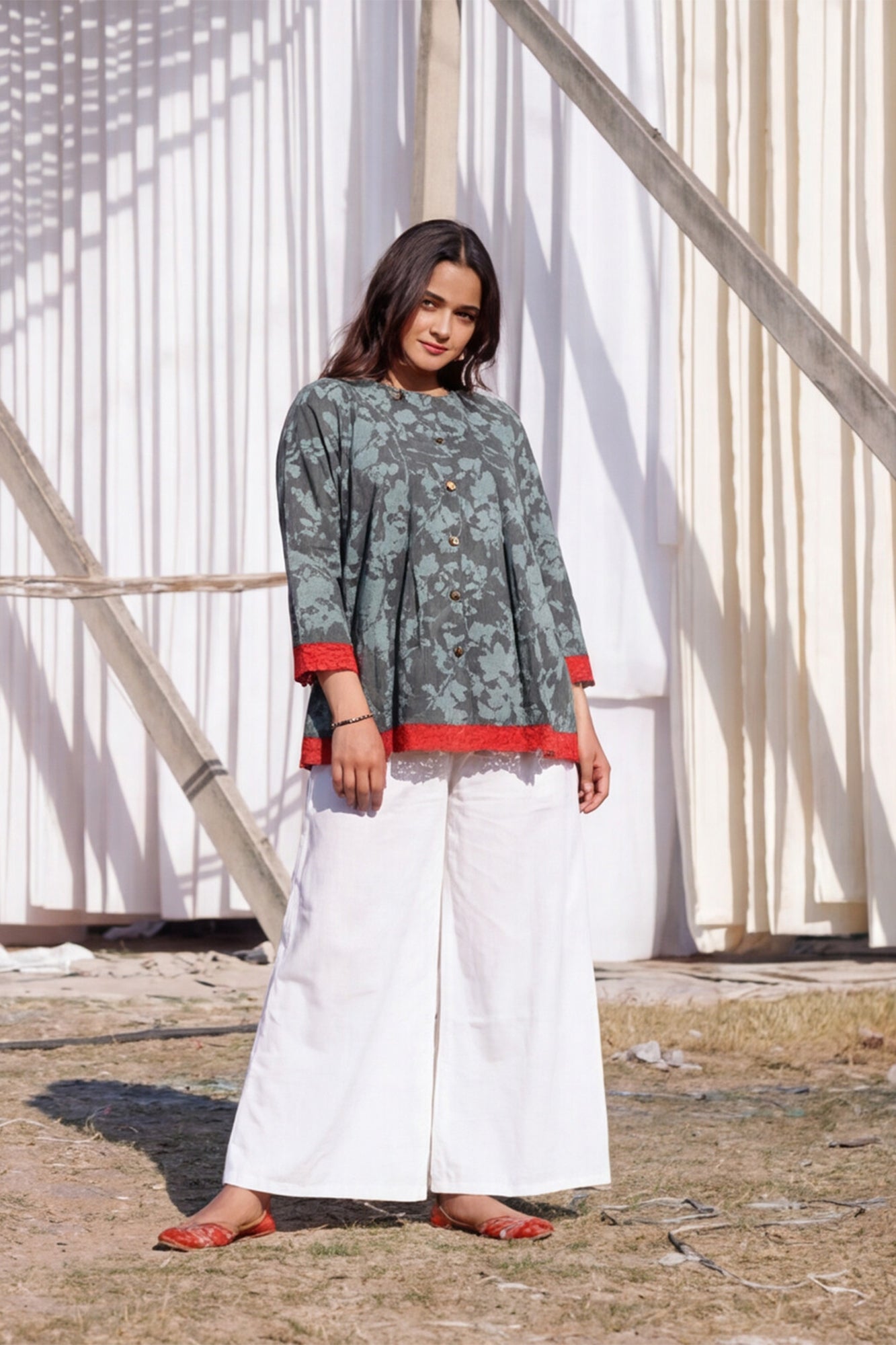 Indigo Box Pleat Top