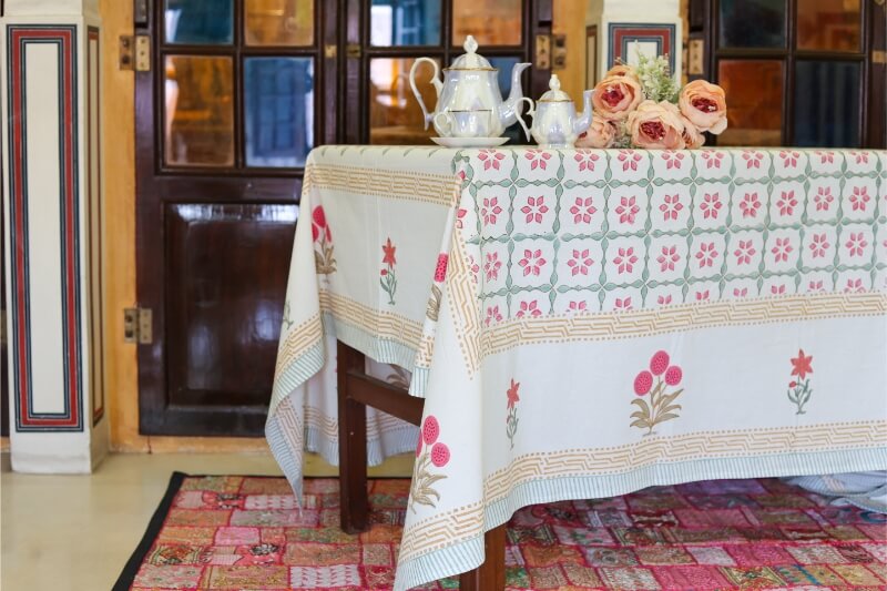 Table Cover Block Printed Pink