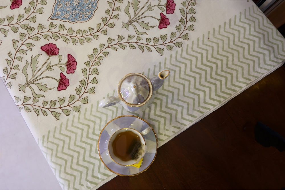 Table Cover Block Printed Pink Blue