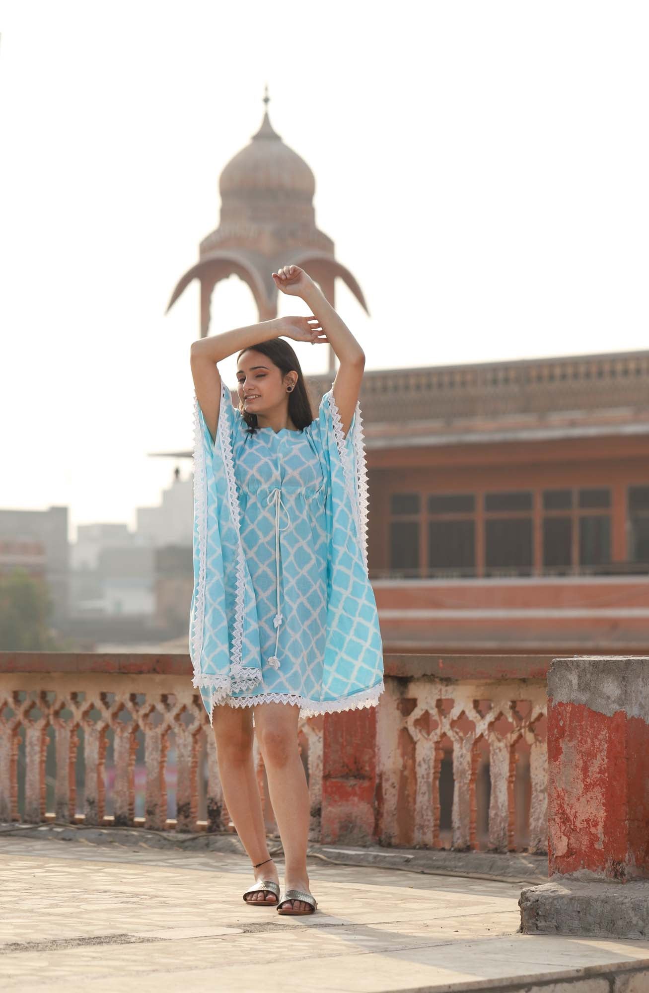 Kaftan Short Women Sky Blue Diamond