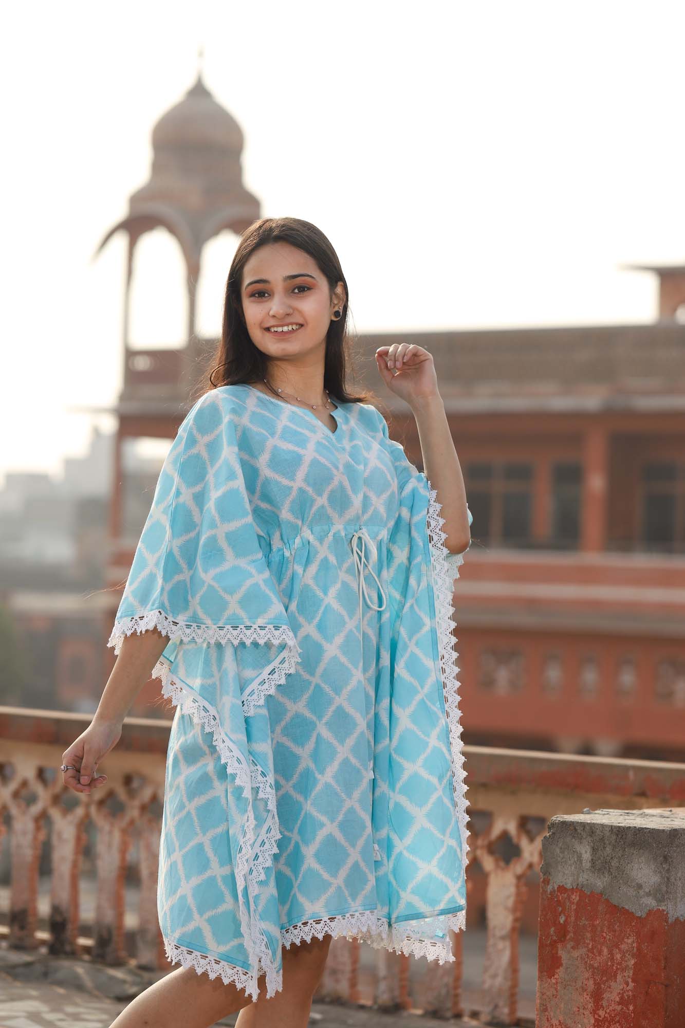 Kaftan Short Women Sky Blue Diamond