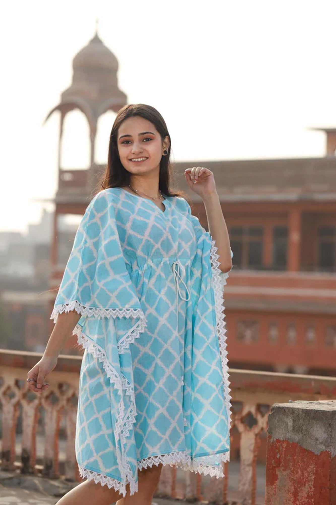 Kaftan Short Women Sky Blue Diamond