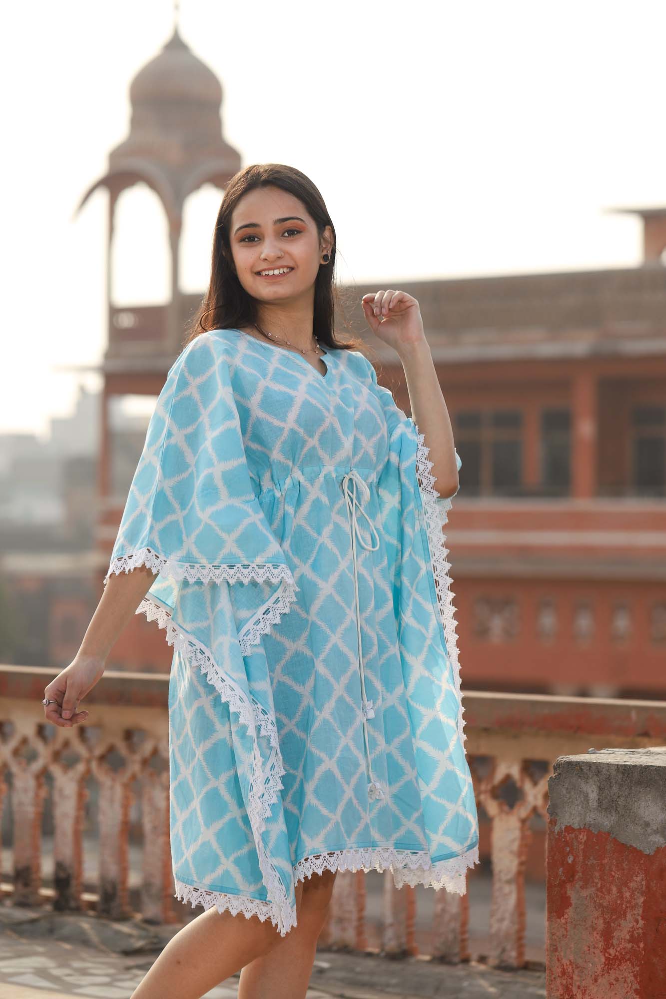 Kaftan Short Women Sky Blue Diamond