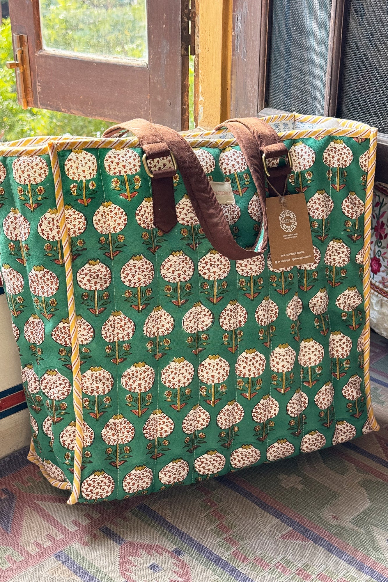 Green Pomegranate Quilted Reversible Tote Bag