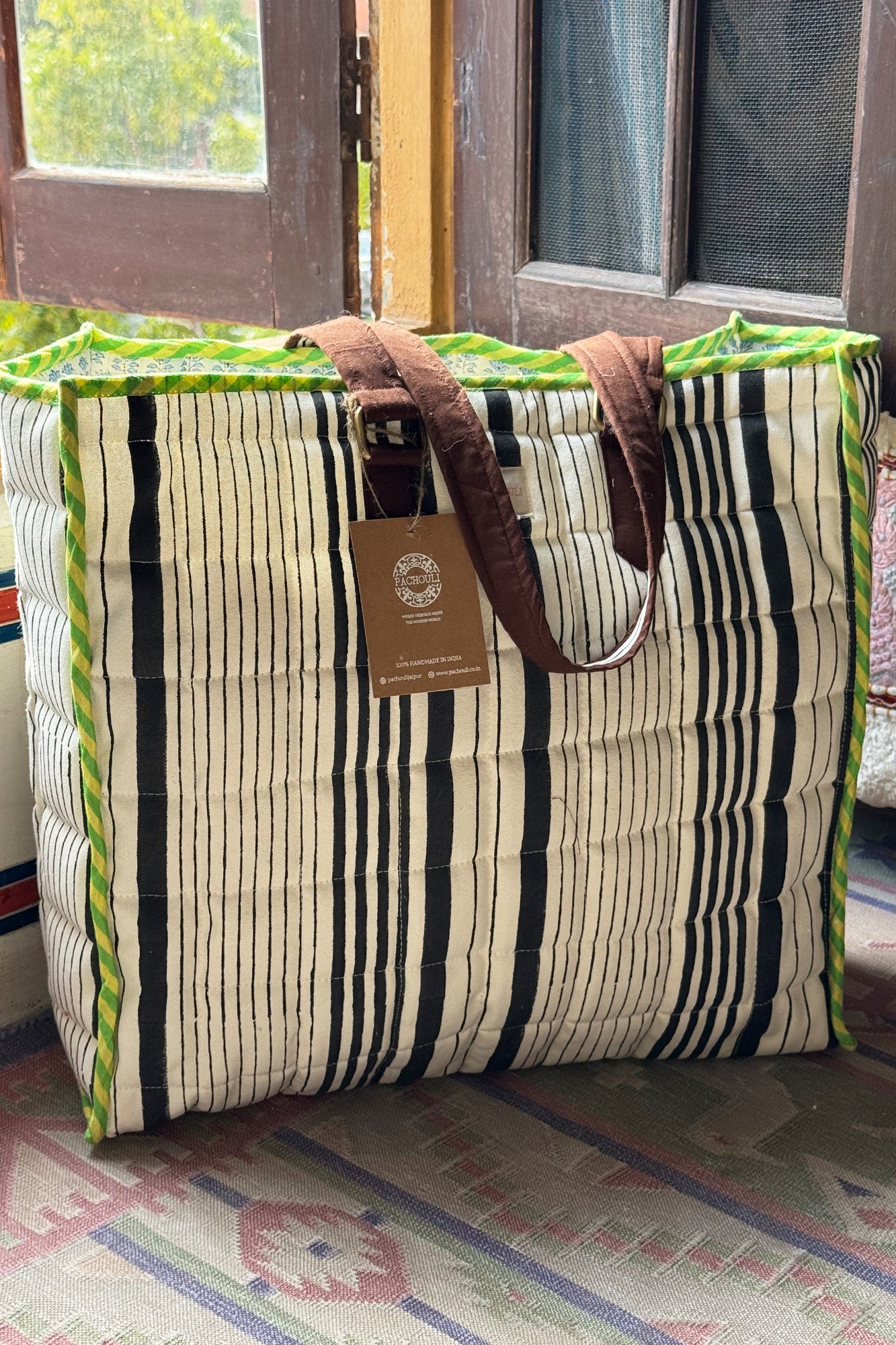 Striped Quilted Reversible Tote Bag