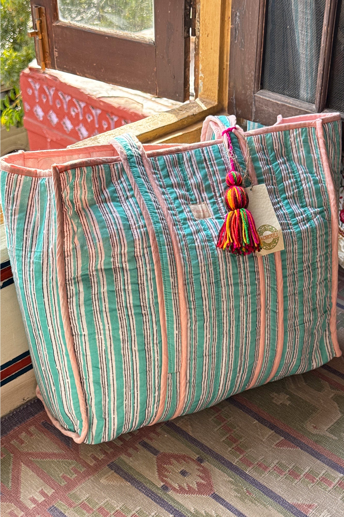 Aqua Striped Quilted Reversible Tote Bag