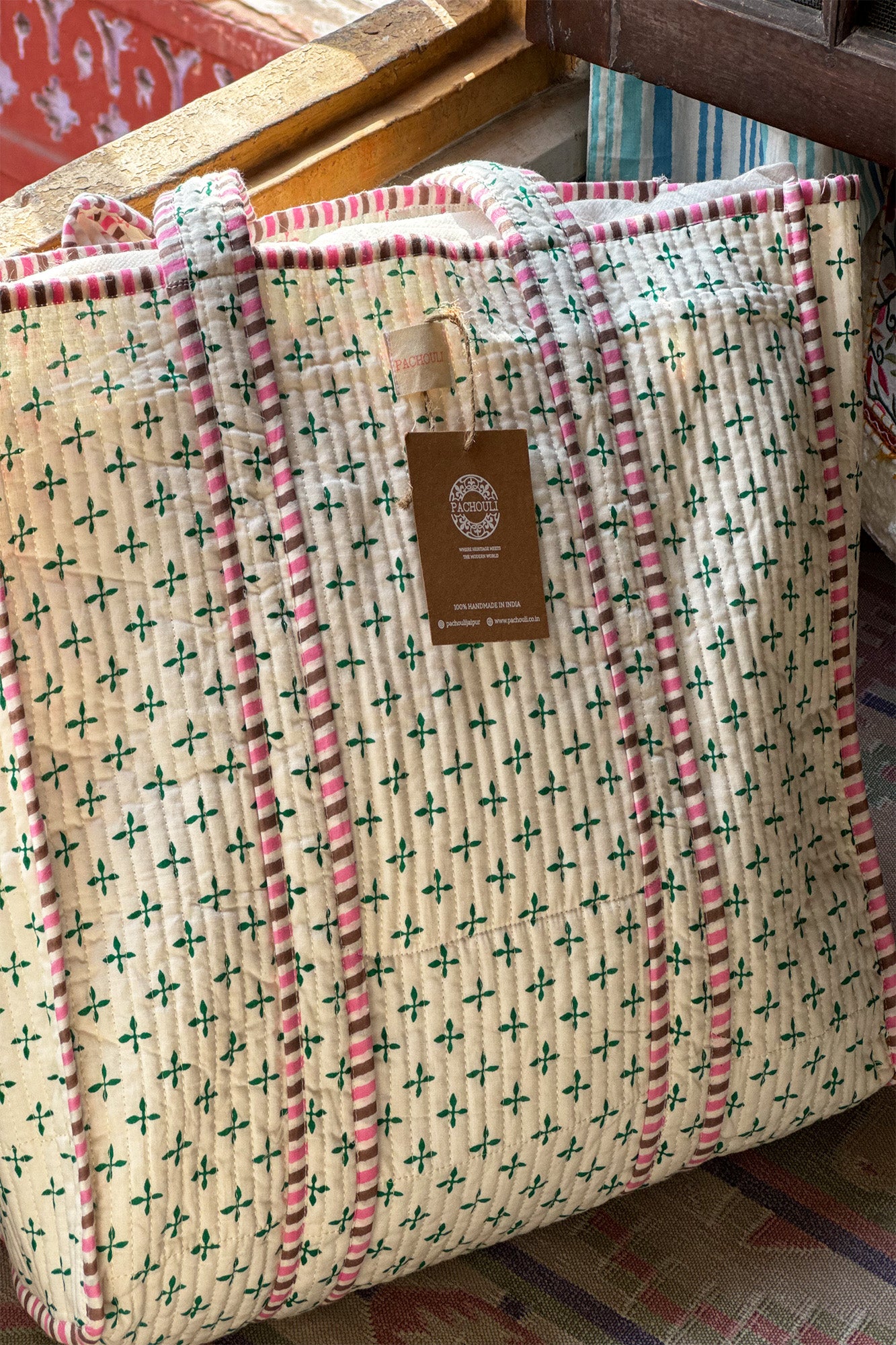Mosaic Tile Green Quilted Reversible Tote Bag